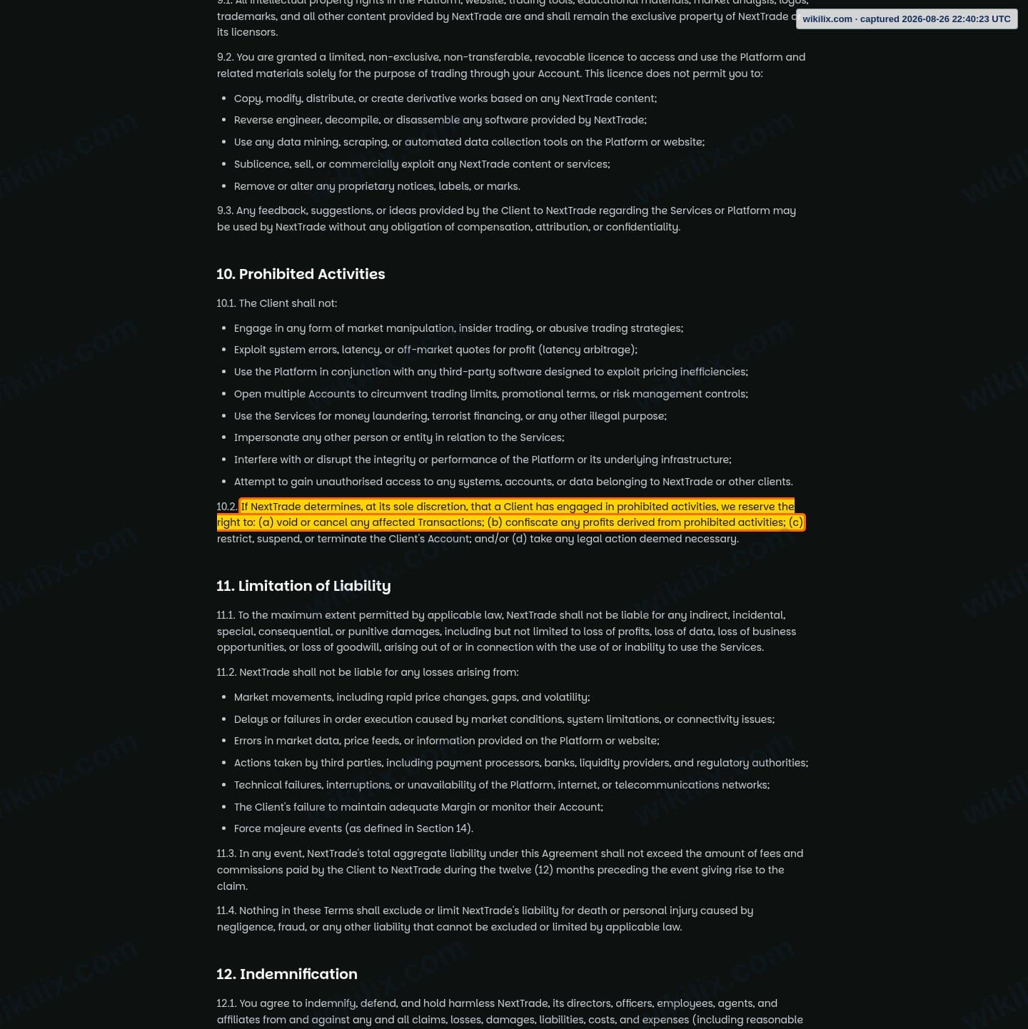 Our full page screenshot of the page this clause sits on, on NextTrade's site nexttrade.com, taken on Aug 26, 2026. The quoted words are marked in the image.