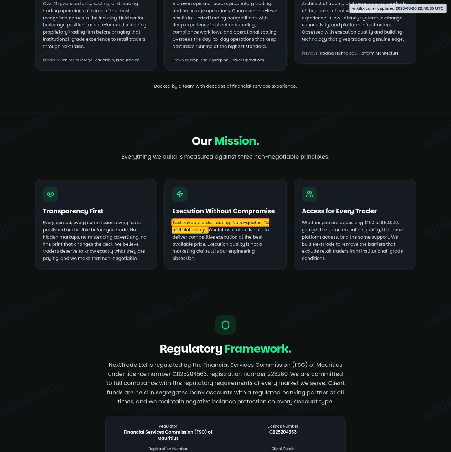 Our full page screenshot of the page that makes this promise, on NextTrade's site nexttrade.com, taken on Aug 26, 2026. The quoted words are marked in the image.