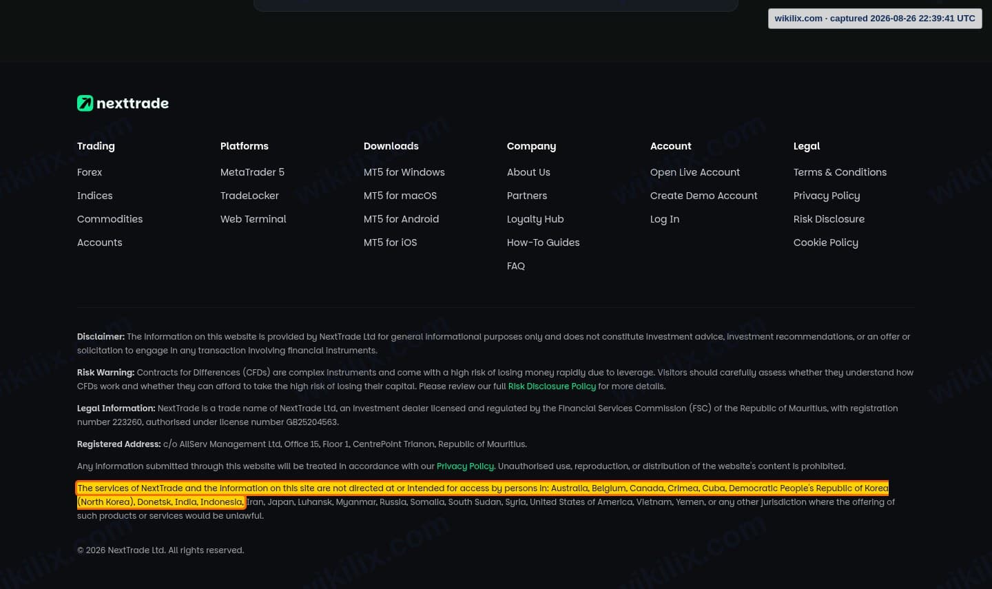 Our full page screenshot of the page that makes this promise, on NextTrade's site nexttrade.com, taken on Aug 26, 2026. The quoted words are marked in the image.