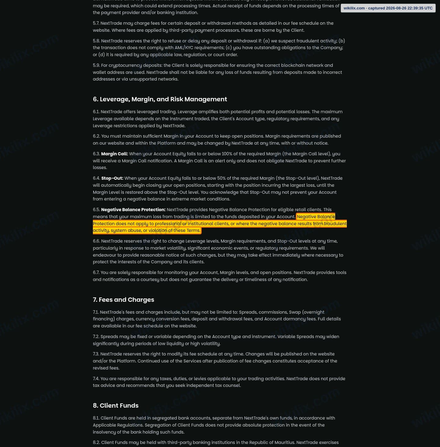 Our full page screenshot of the page this clause sits on, on NextTrade's site nexttrade.com, taken on Aug 26, 2026. The quoted words are marked in the image.