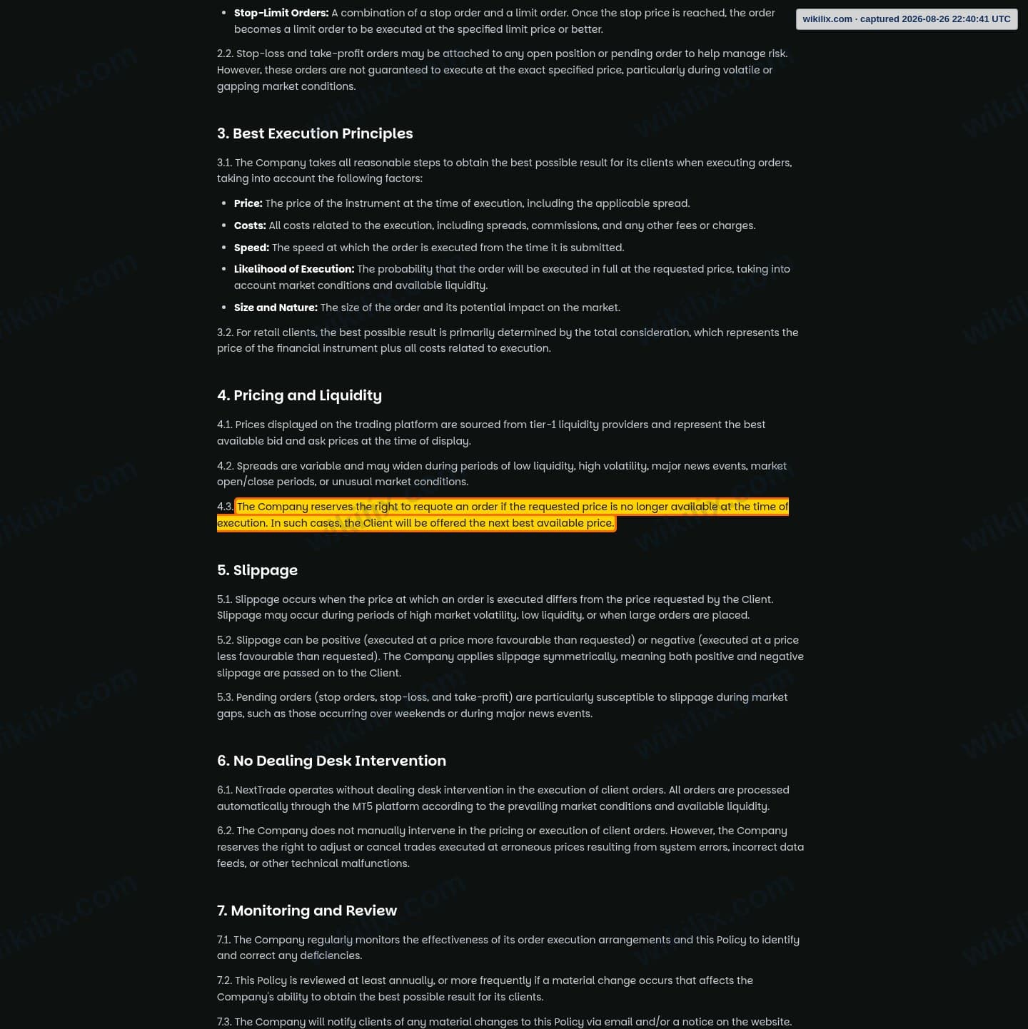Our full page screenshot of the page this clause sits on, on NextTrade's site nexttrade.com, taken on Aug 26, 2026. The quoted words are marked in the image.
