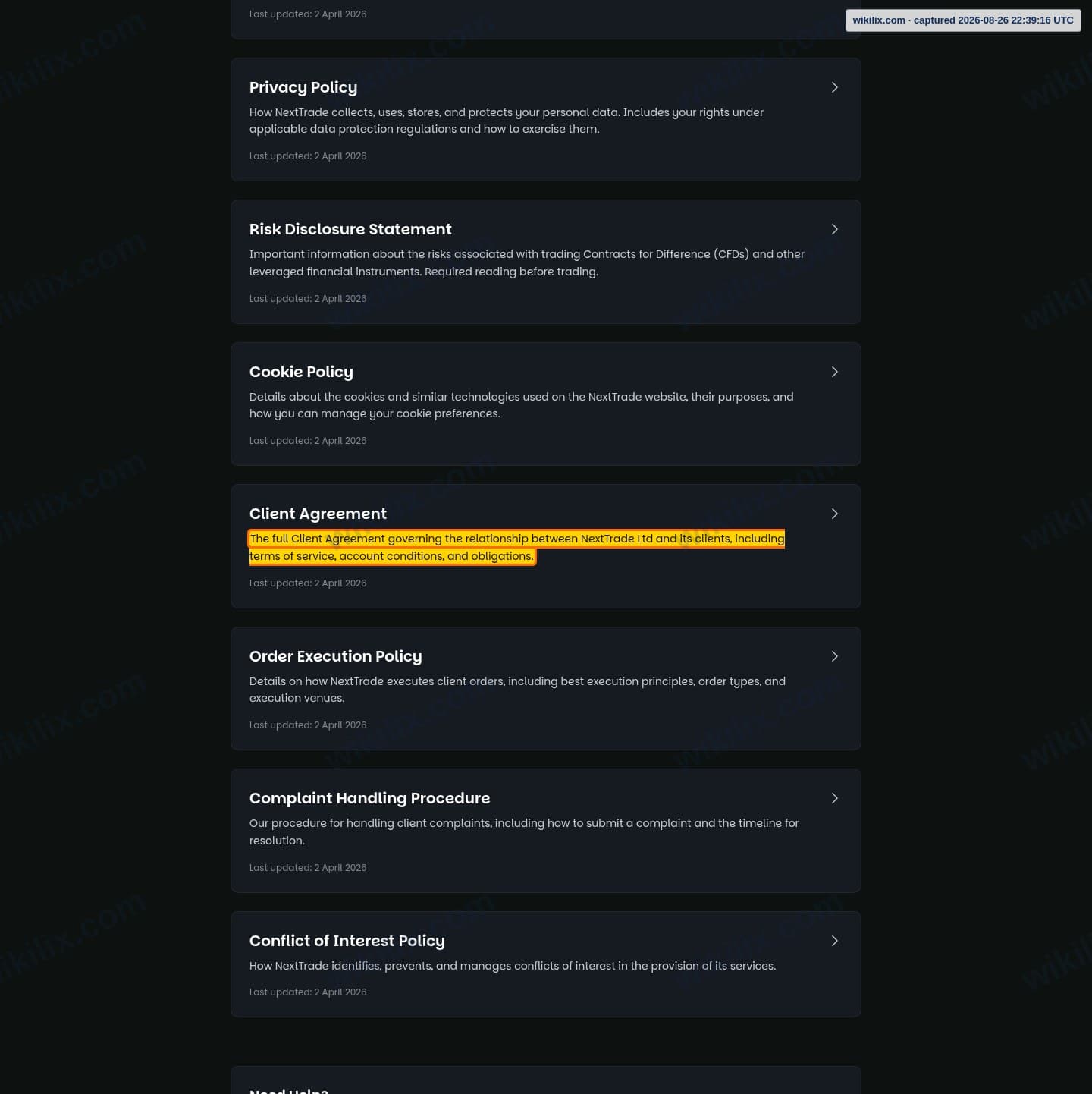 Our full page screenshot of the page that makes this promise, on NextTrade's site nexttrade.com, taken on Aug 26, 2026. The quoted words are marked in the image.