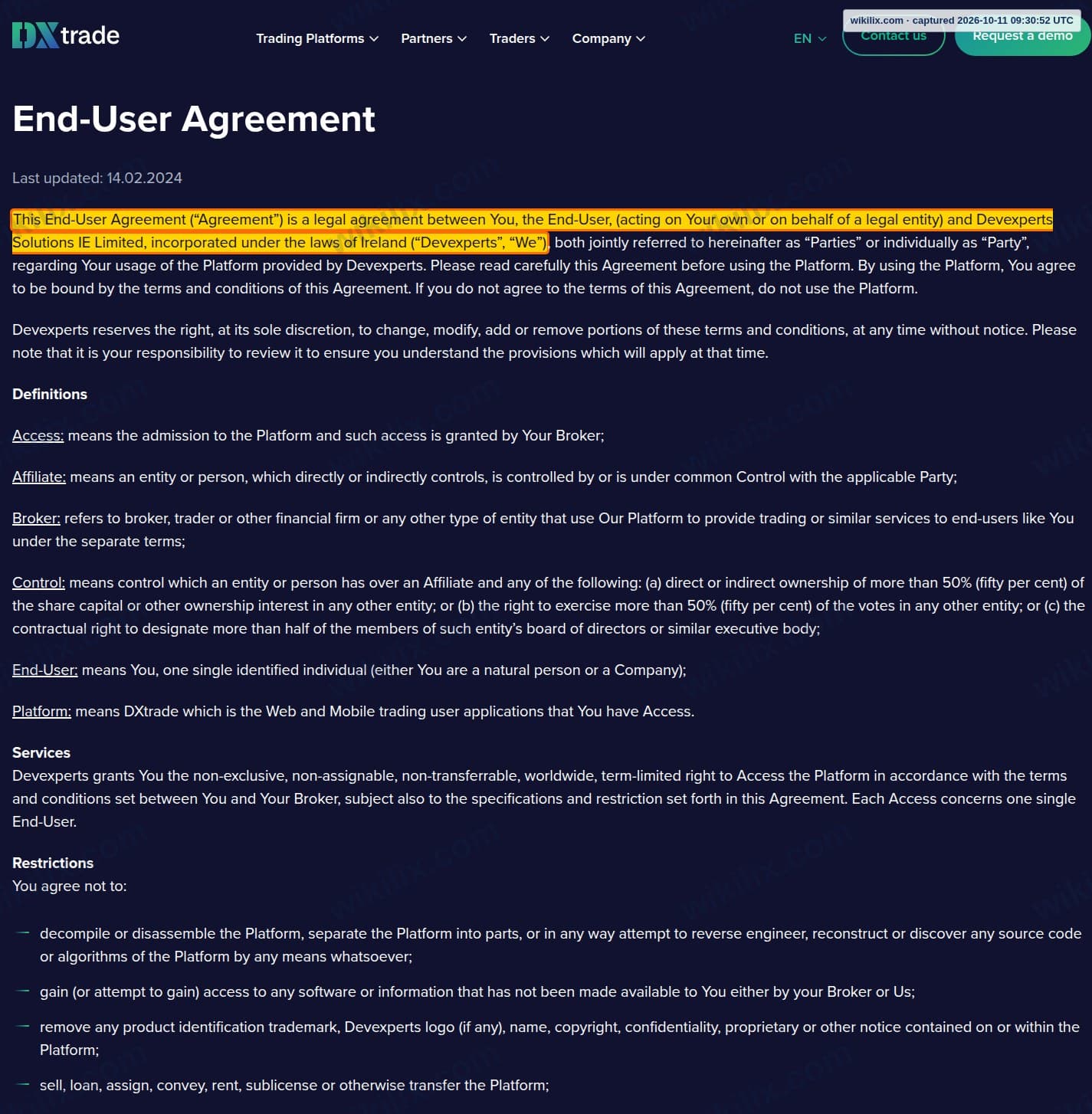 Our full page screenshot of the page this clause sits on, on DXtrade's site dx.trade, taken on Oct 11, 2026. The quoted words are marked in the image.