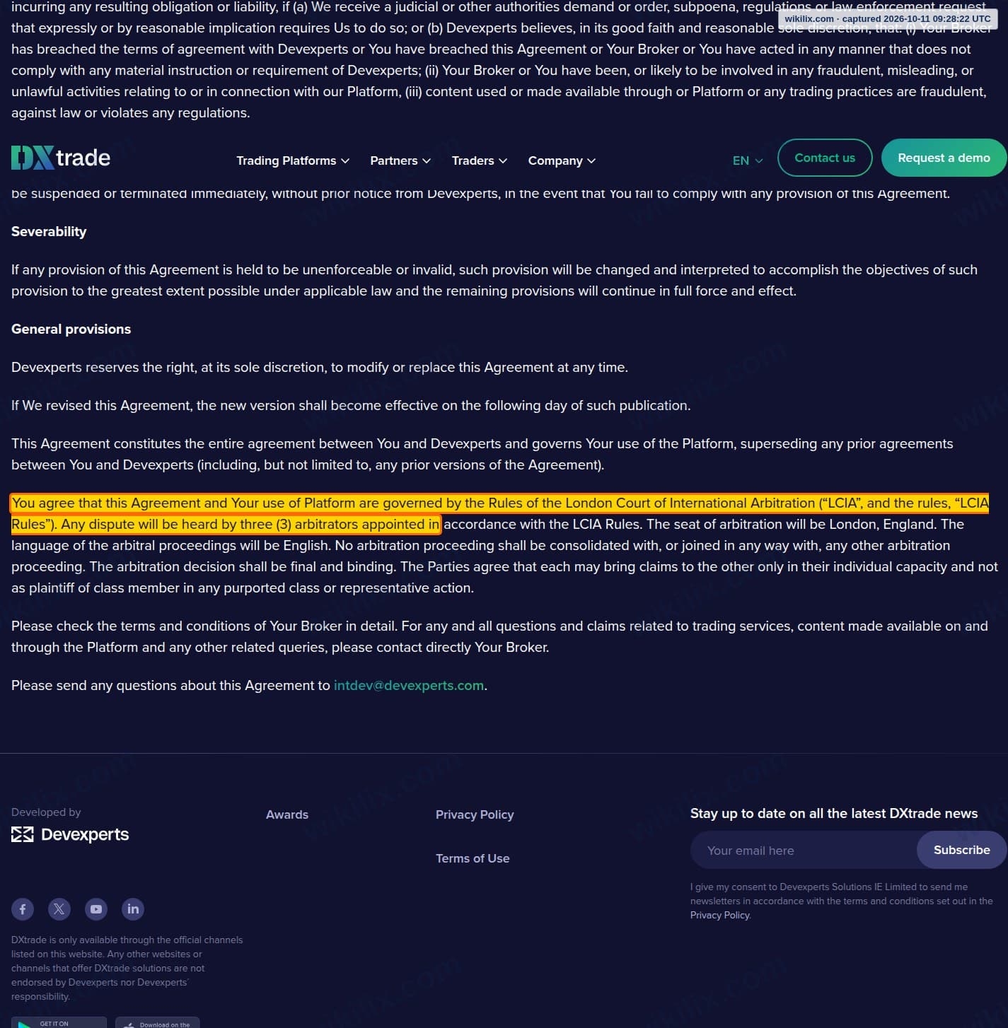 Our full page screenshot of the page this clause sits on, on DXtrade's site dx.trade, taken on Oct 11, 2026. The quoted words are marked in the image.