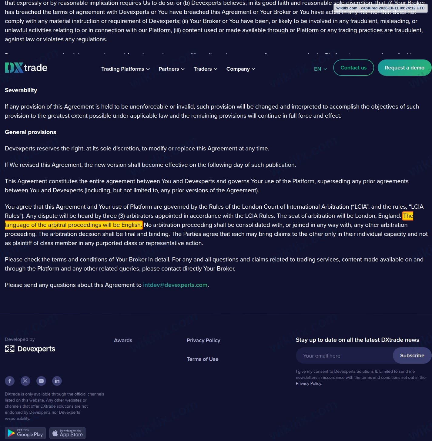 Our full page screenshot of the page this clause sits on, on DXtrade's site dx.trade, taken on Oct 11, 2026. The quoted words are marked in the image.