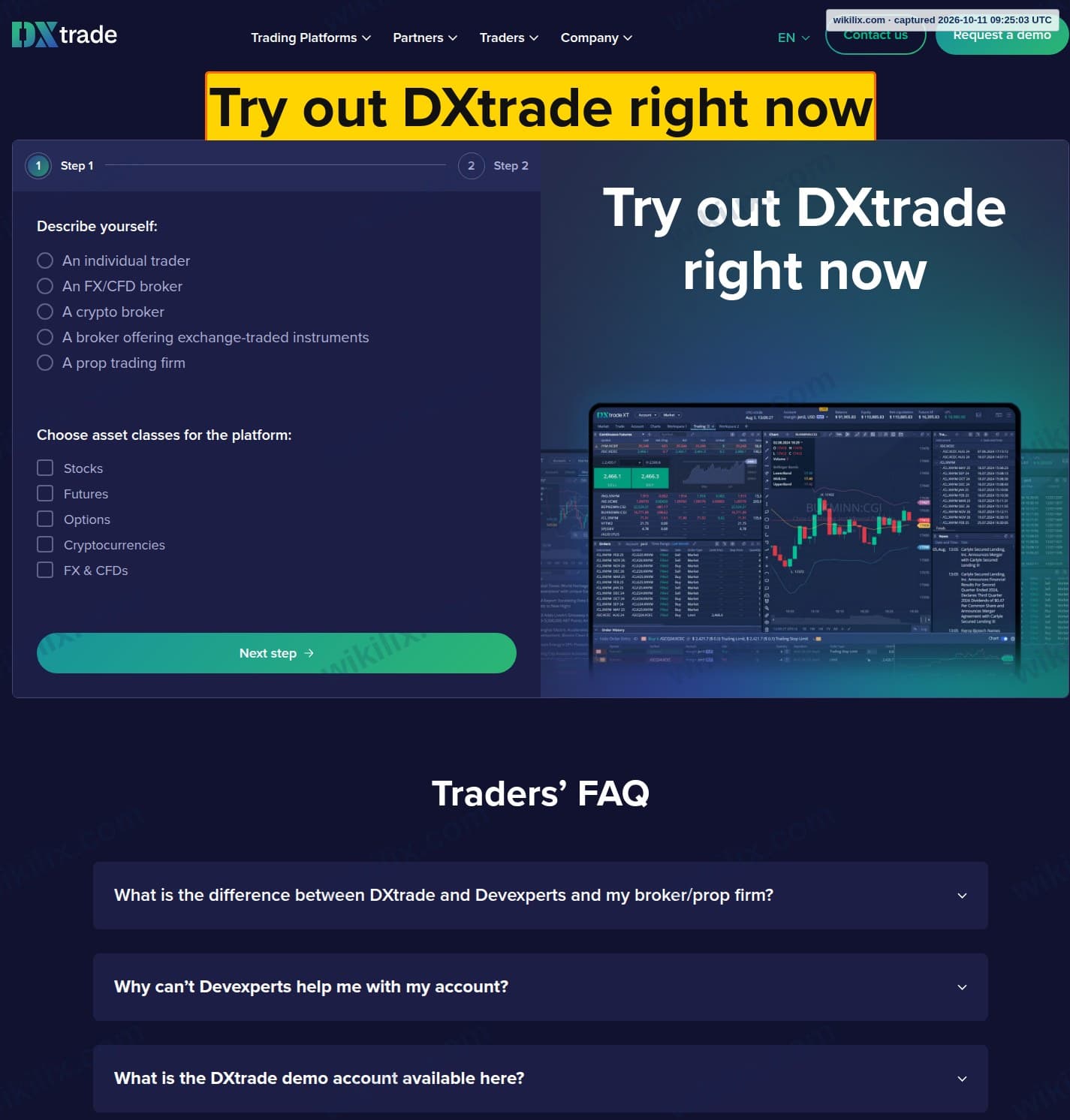 Our full page screenshot of the page that makes this promise, on DXtrade's site dx.trade, taken on Oct 11, 2026. The quoted words are marked in the image.