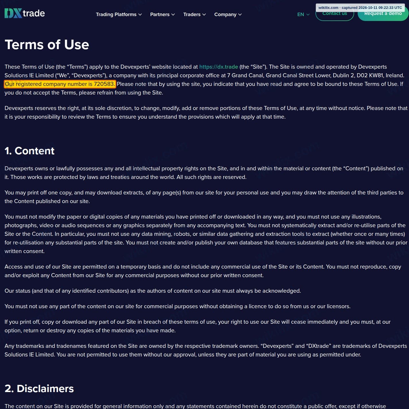 Our full page screenshot of the page this clause sits on, on DXtrade's site dx.trade, taken on Oct 11, 2026. The quoted words are marked in the image.