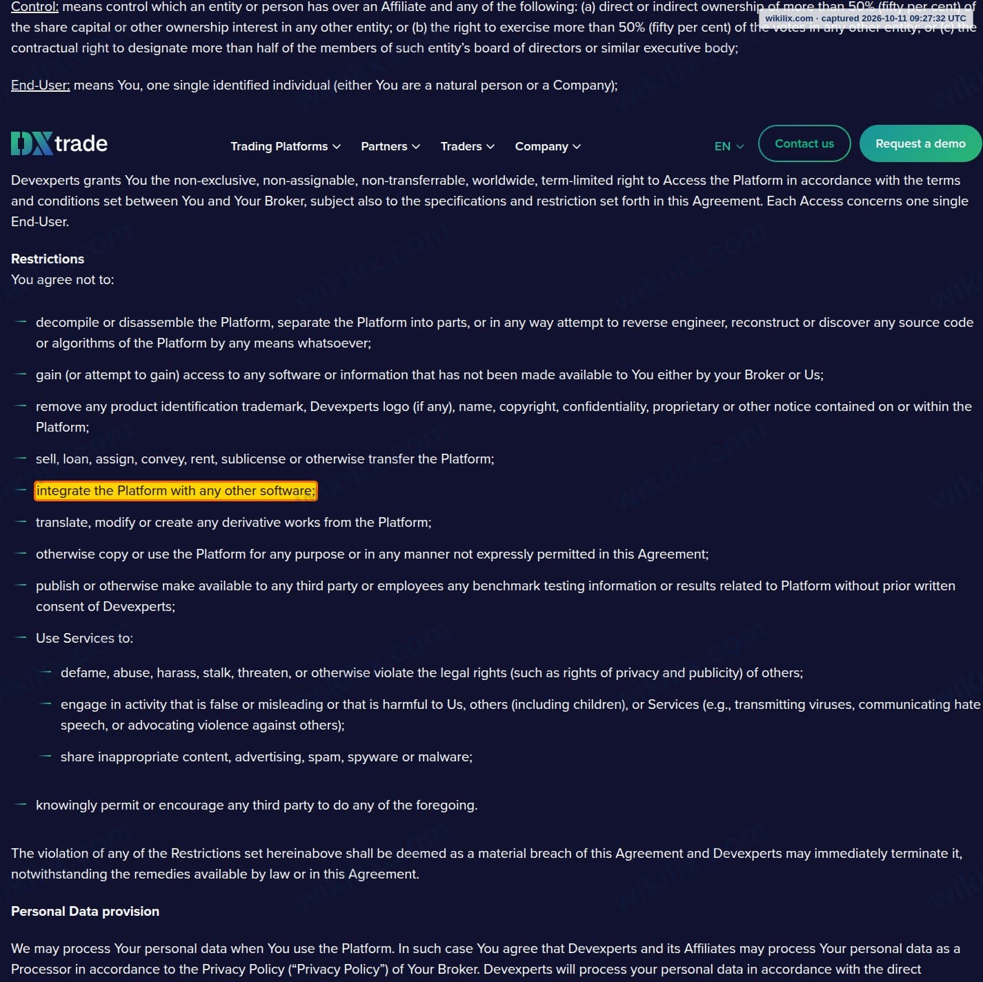 Our full page screenshot of the page this clause sits on, on DXtrade's site dx.trade, taken on Oct 11, 2026. The quoted words are marked in the image.