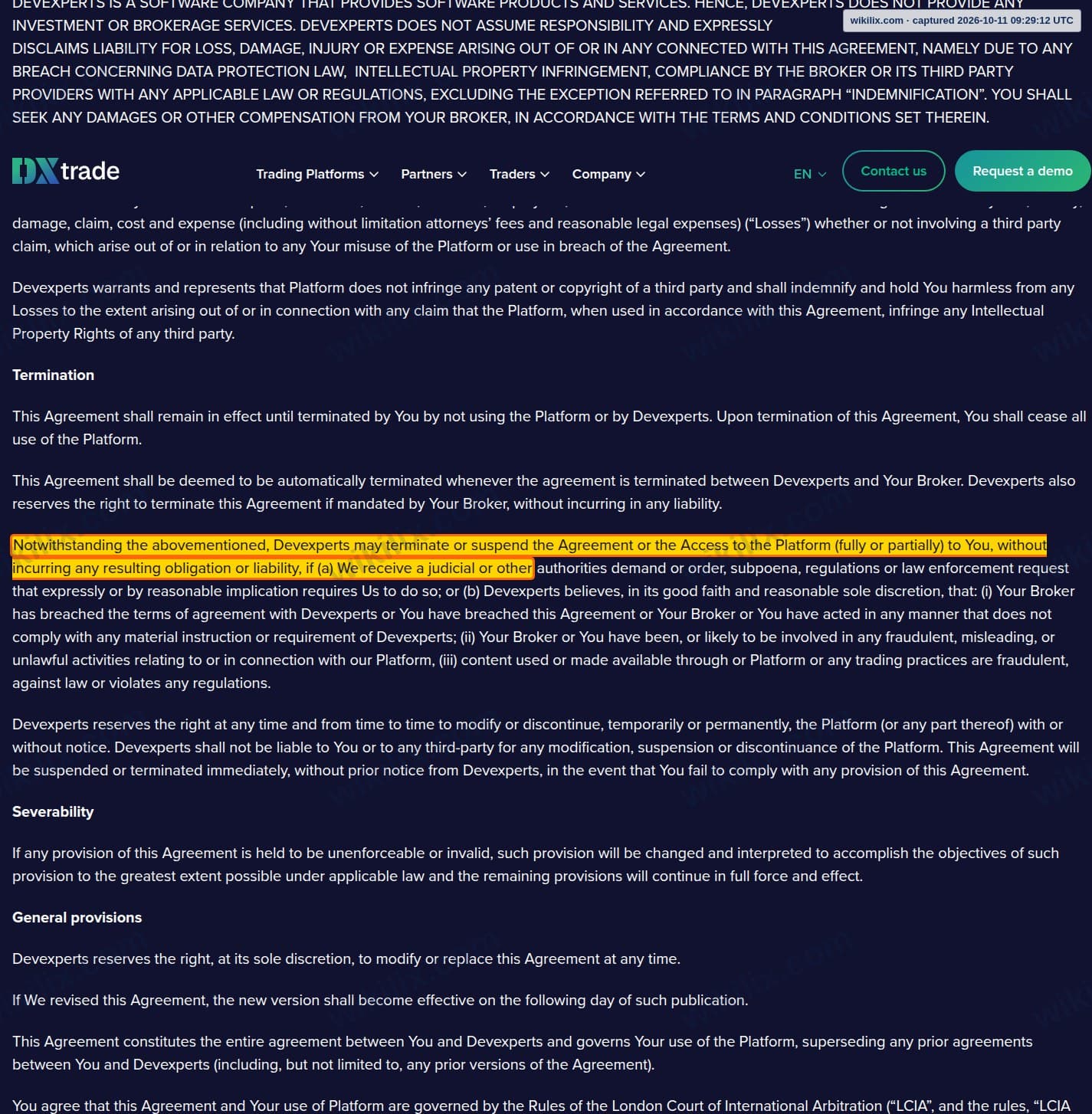 Our full page screenshot of the page this clause sits on, on DXtrade's site dx.trade, taken on Oct 11, 2026. The quoted words are marked in the image.