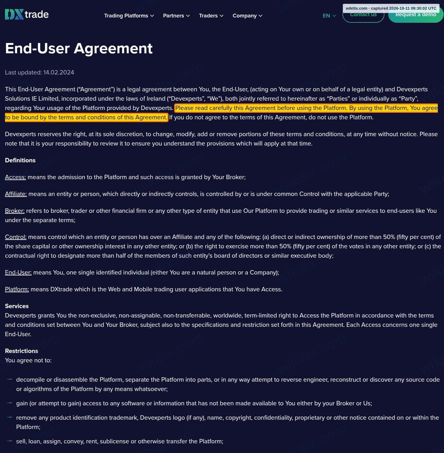 Our full page screenshot of the page this clause sits on, on DXtrade's site dx.trade, taken on Oct 11, 2026. The quoted words are marked in the image.