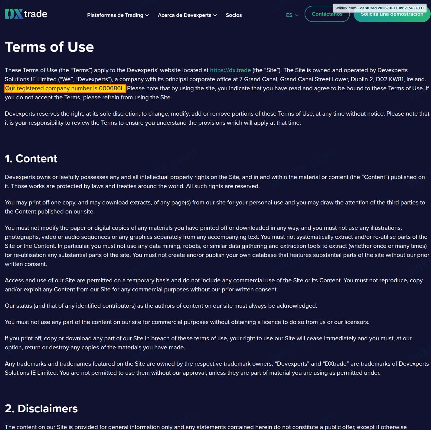 Our full page screenshot of the page that makes this promise, on DXtrade's site dx.trade, taken on Oct 11, 2026. The quoted words are marked in the image.