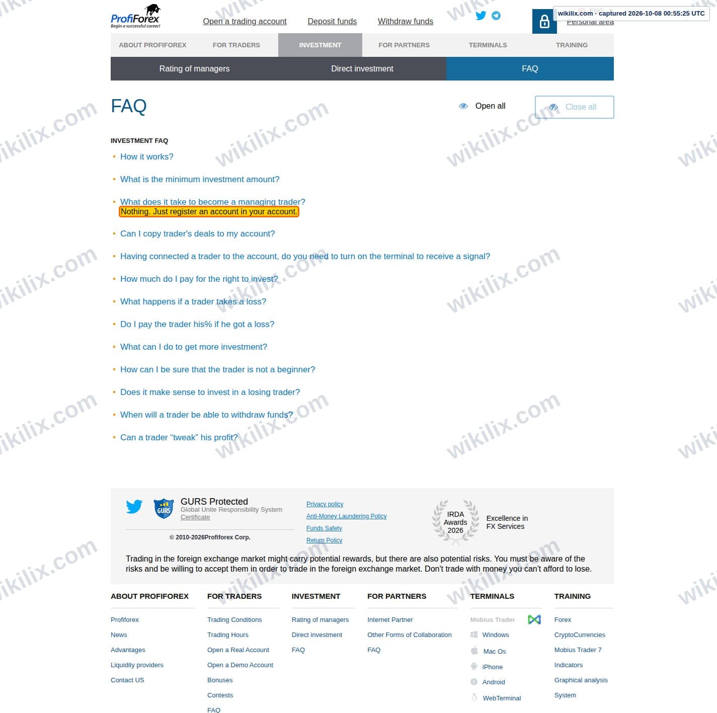 Our full page screenshot of the page this clause sits on, on Profiforex's site profiforex.com, taken on Oct 8, 2026. The quoted words are marked in the image.
