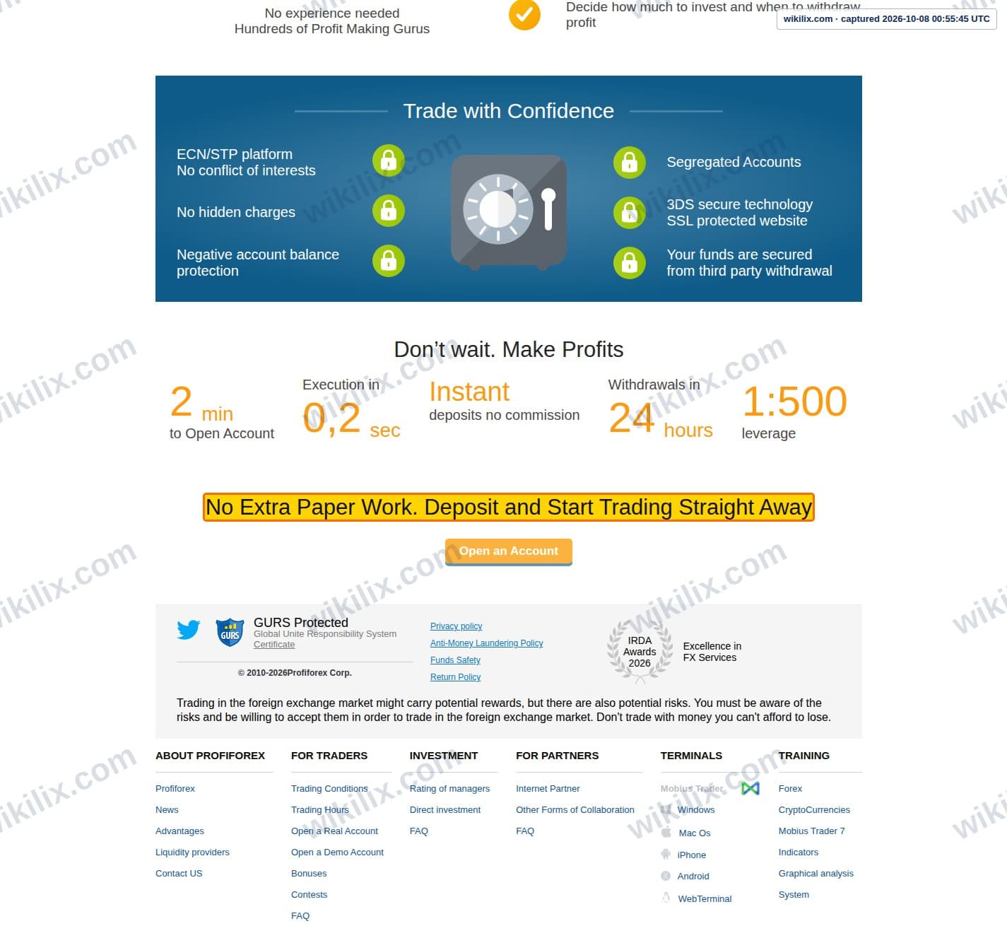 Our full page screenshot of the page that makes this promise, on Profiforex's site profiforex.com, taken on Oct 8, 2026. The quoted words are marked in the image.
