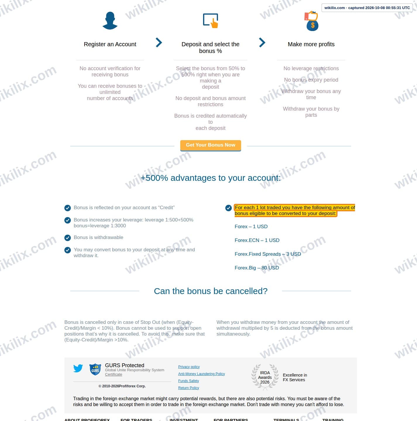 Our full page screenshot of the page this clause sits on, on Profiforex's site profiforex.com, taken on Oct 8, 2026. The quoted words are marked in the image.