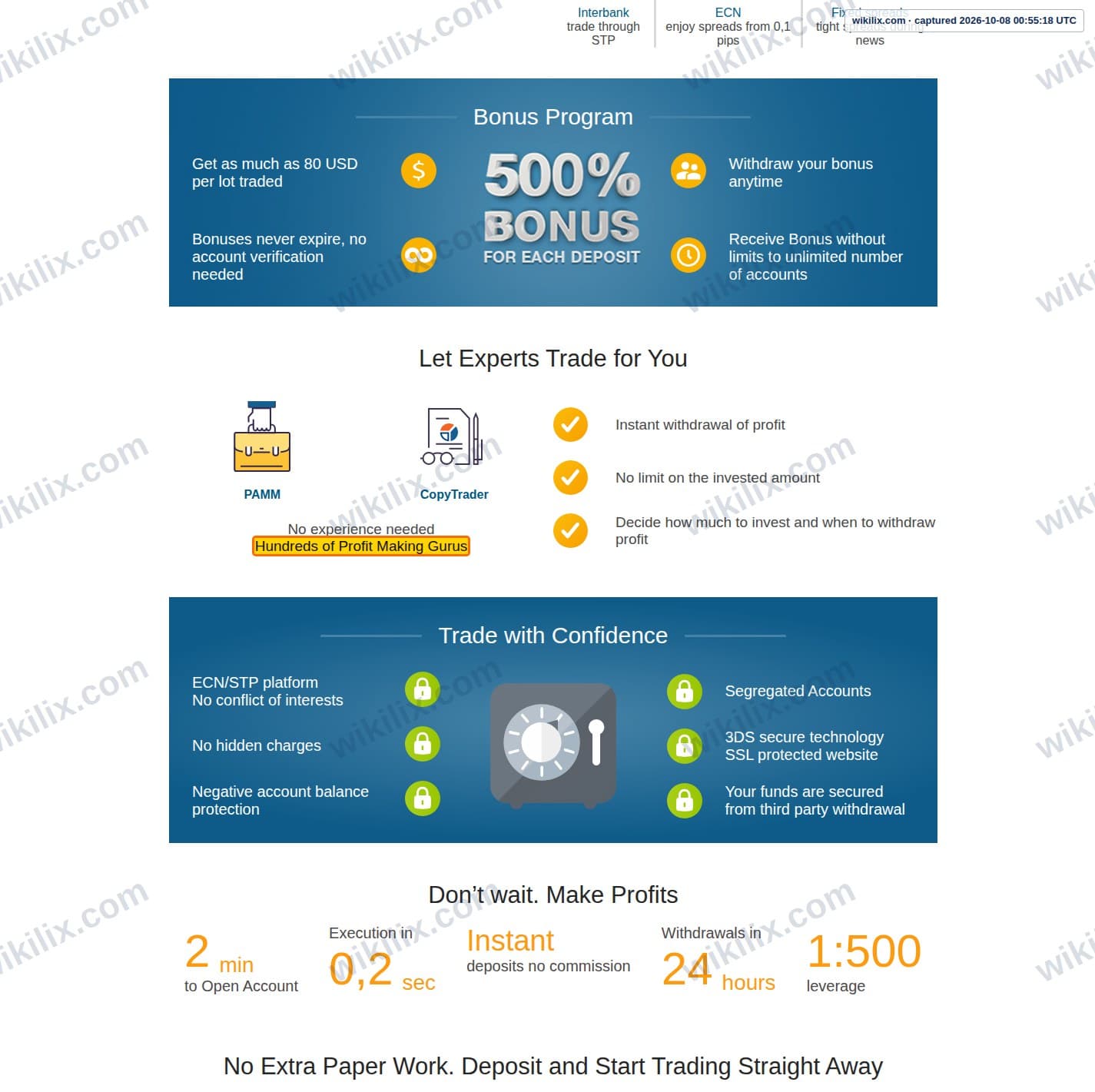 Our full page screenshot of the page that makes this promise, on Profiforex's site profiforex.com, taken on Oct 8, 2026. The quoted words are marked in the image.