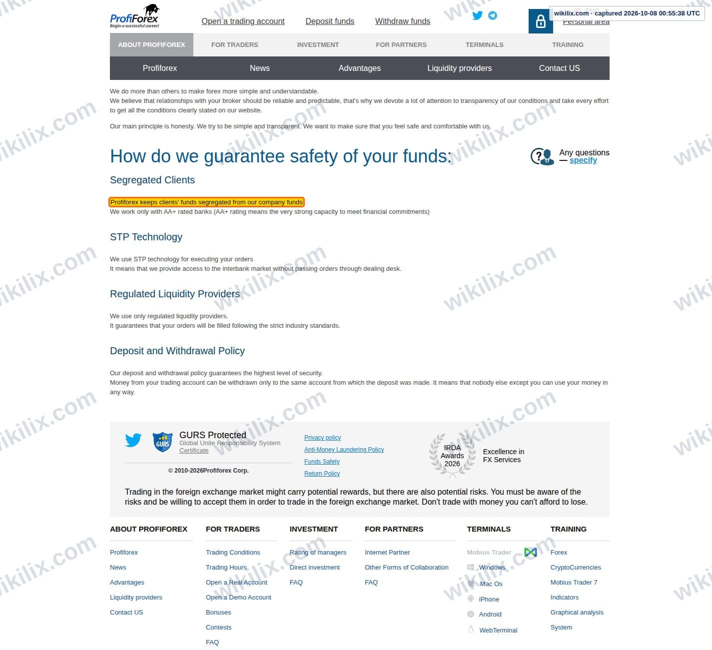 Our full page screenshot of the page that makes this promise, on Profiforex's site profiforex.com, taken on Oct 8, 2026. The quoted words are marked in the image.