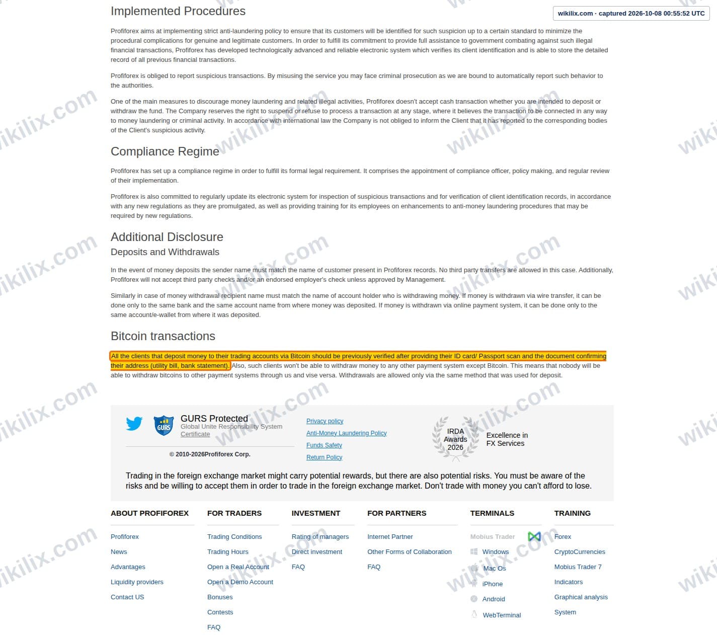 Our full page screenshot of the page this clause sits on, on Profiforex's site profiforex.com, taken on Oct 8, 2026. The quoted words are marked in the image.