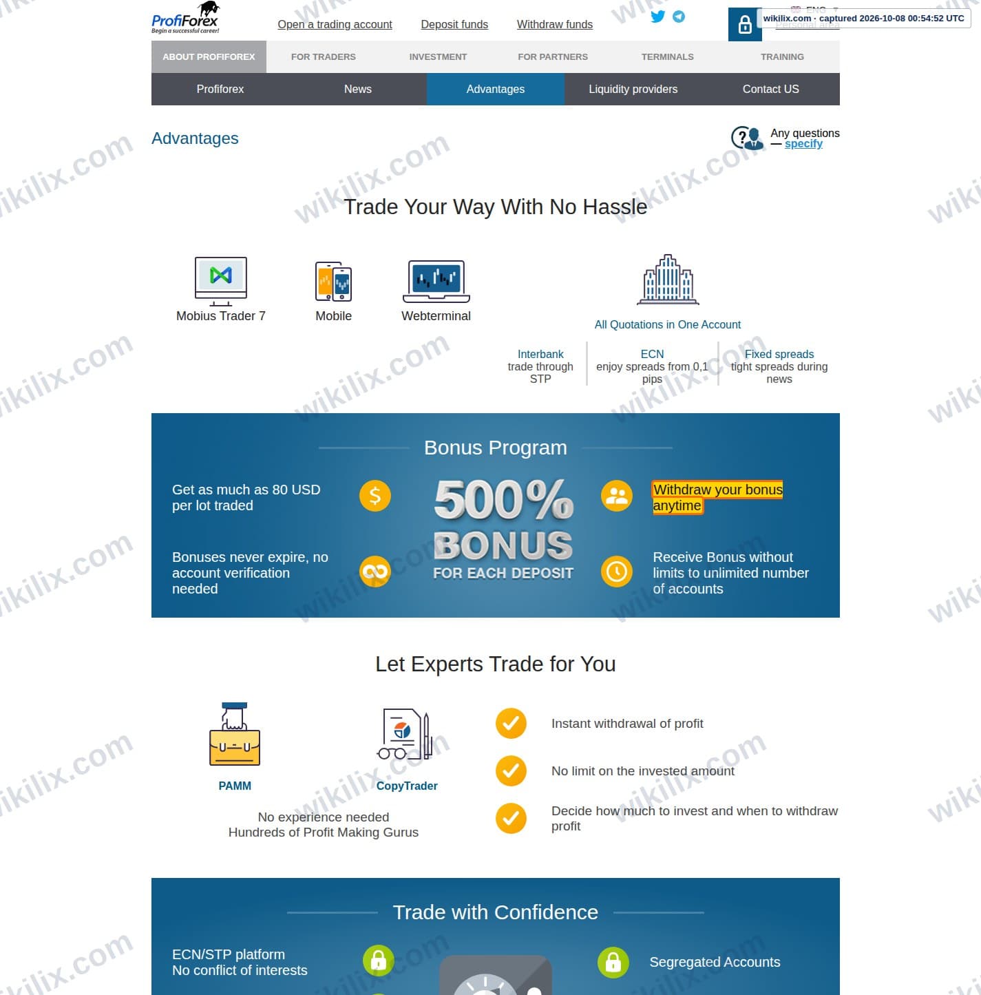 Our full page screenshot of the page that makes this promise, on Profiforex's site profiforex.com, taken on Oct 8, 2026. The quoted words are marked in the image.