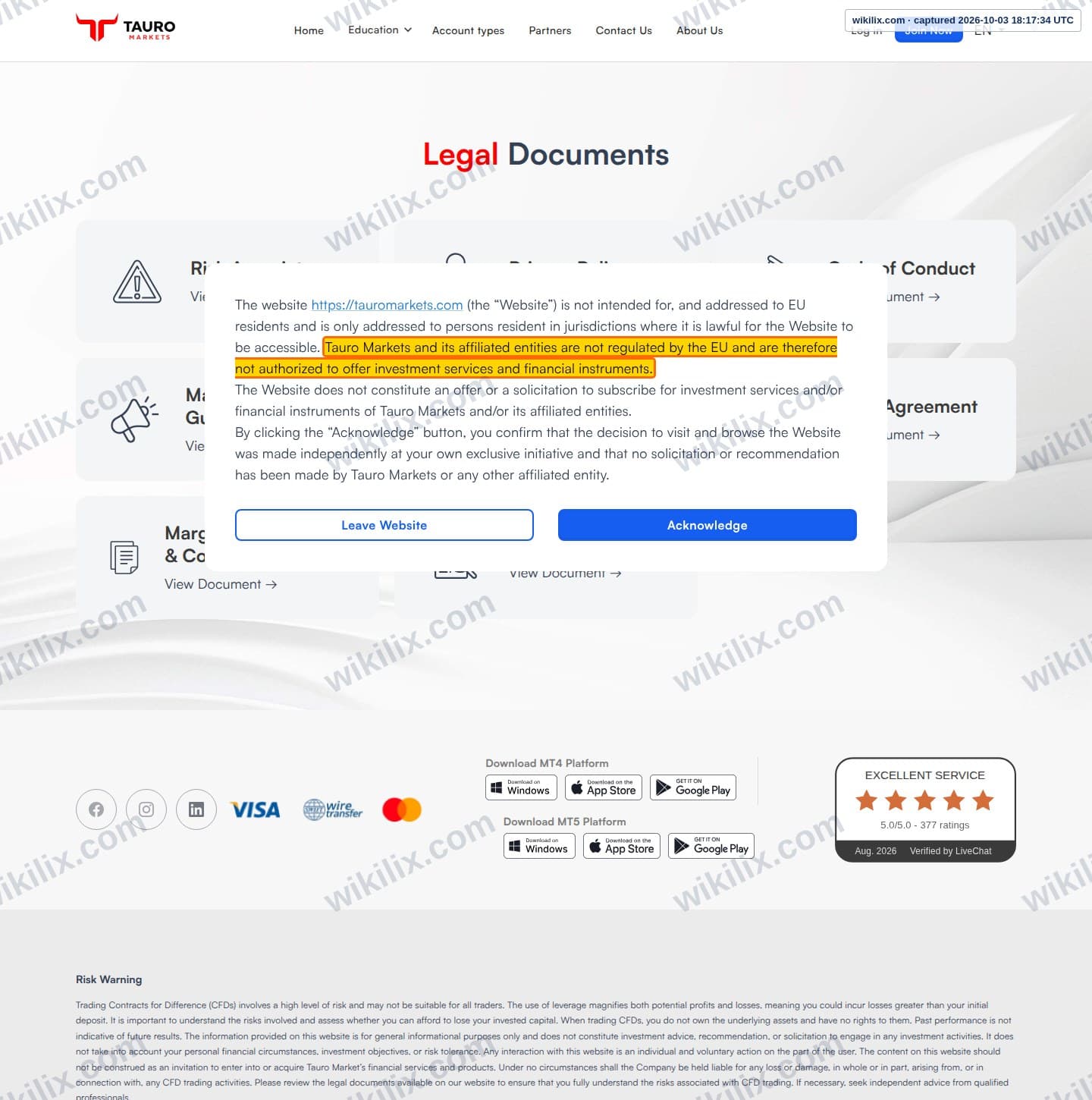 Our full page screenshot of the page this clause sits on, on TAURO MARKETS's site tauromarkets.com, taken on Oct 3, 2026. The quoted words are marked in the image.