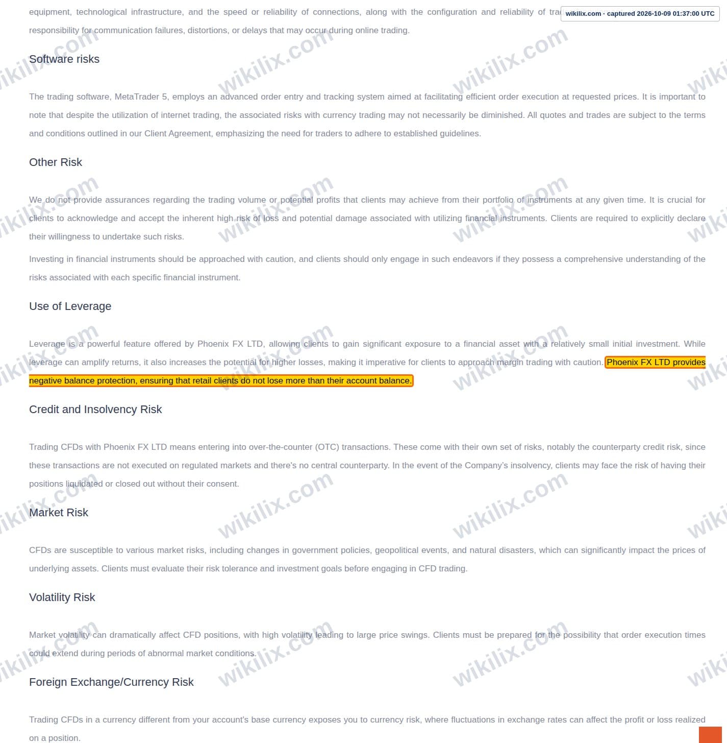 Our full page screenshot of the page that makes this promise, on Phoenix FX's site web.archive.org, taken on Oct 9, 2026. The quoted words are marked in the image.