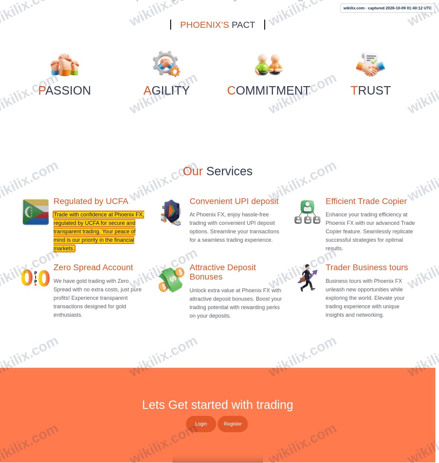 Our full page screenshot of the page that makes this promise, on Phoenix FX's site web.archive.org, taken on Oct 9, 2026. The quoted words are marked in the image.