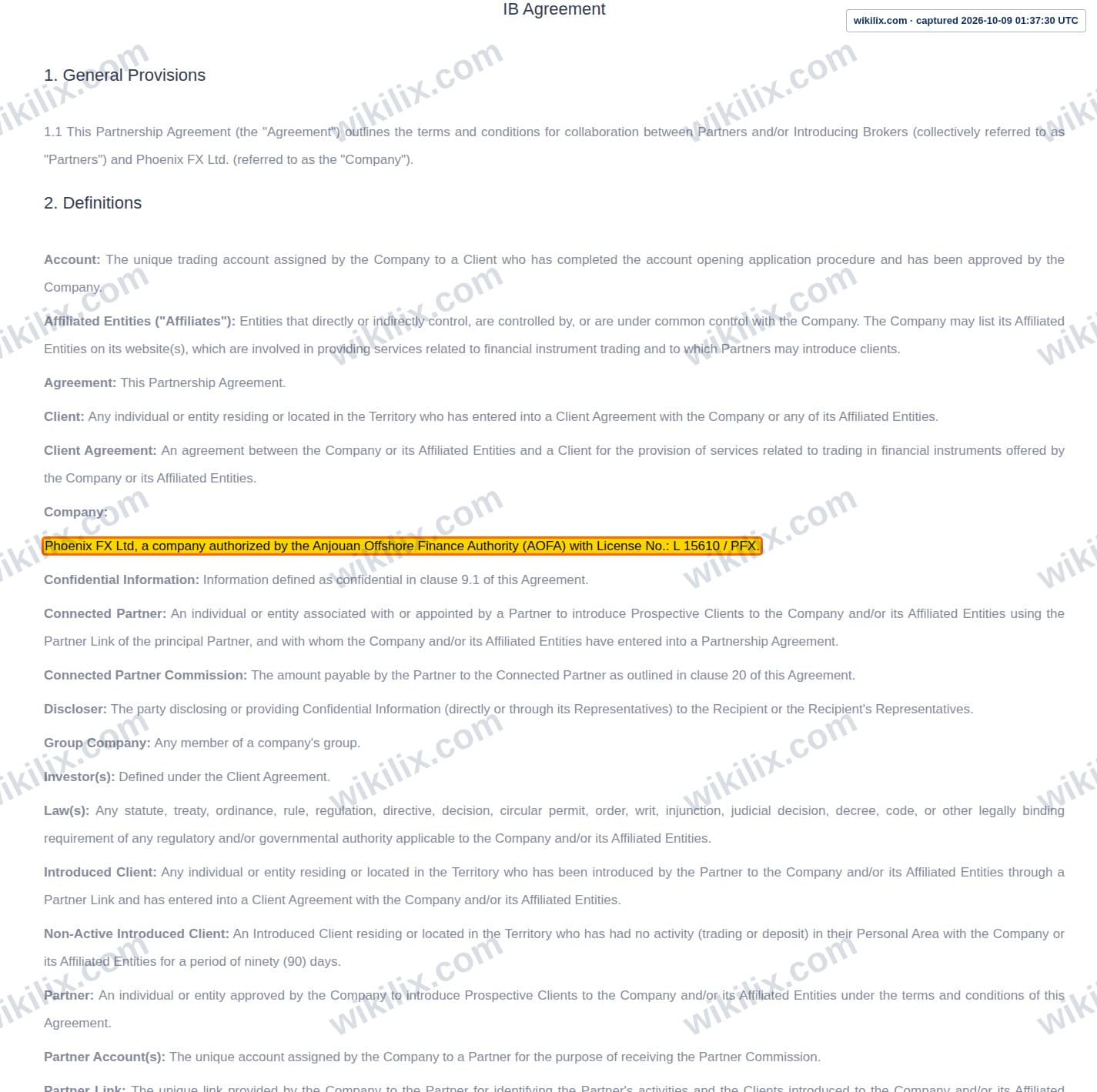 Our full page screenshot of the page this clause sits on, on Phoenix FX's site web.archive.org, taken on Oct 9, 2026. The quoted words are marked in the image.