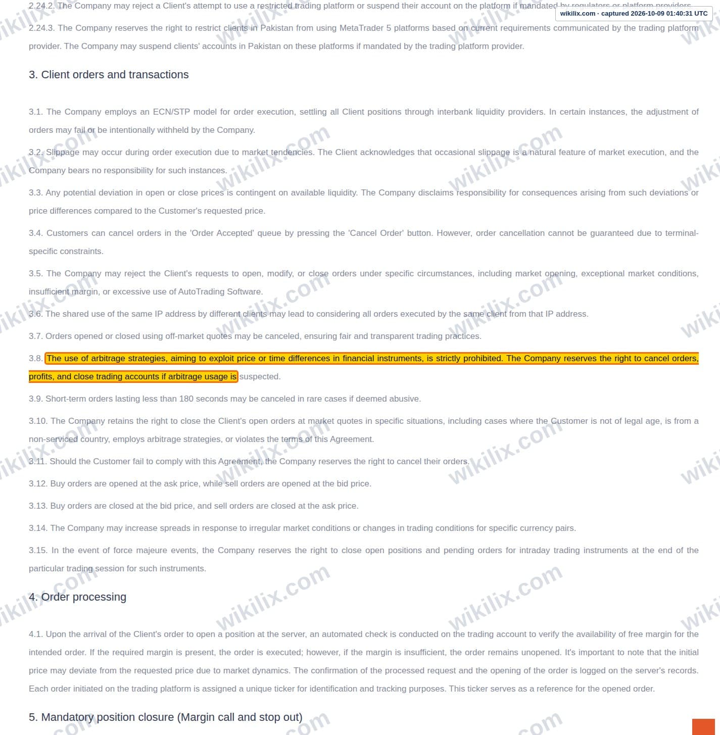 Our full page screenshot of the page this clause sits on, on Phoenix FX's site web.archive.org, taken on Oct 9, 2026. The quoted words are marked in the image.