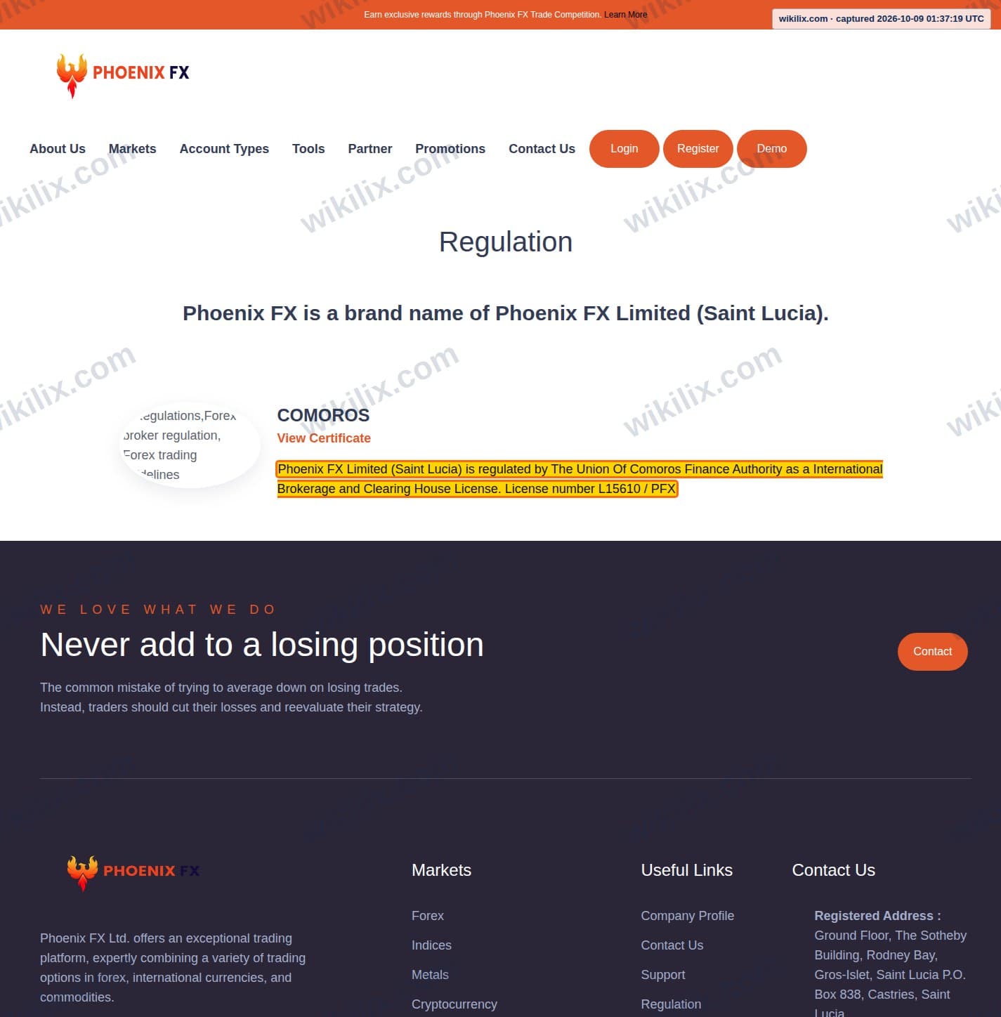 Our full page screenshot of the page that makes this promise, on Phoenix FX's site web.archive.org, taken on Oct 9, 2026. The quoted words are marked in the image.