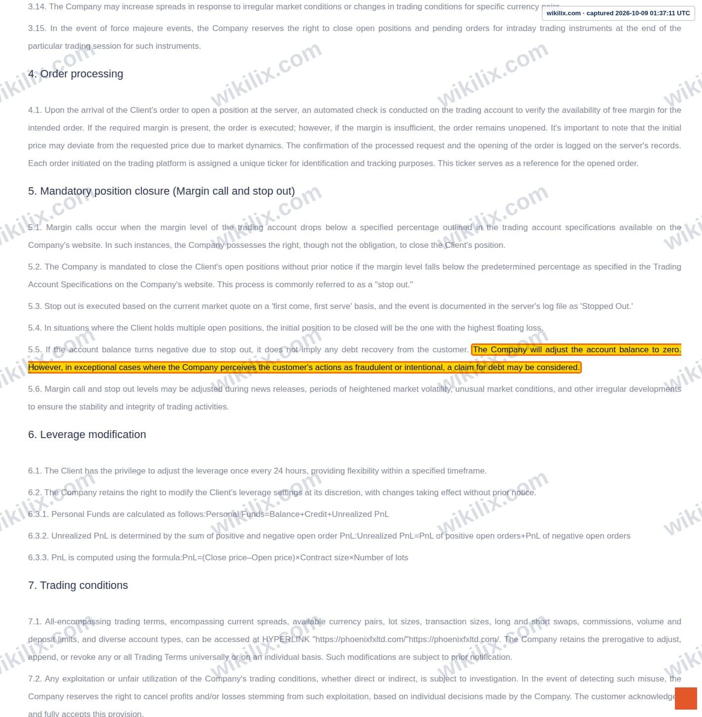 Our full page screenshot of the page this clause sits on, on Phoenix FX's site web.archive.org, taken on Oct 9, 2026. The quoted words are marked in the image.