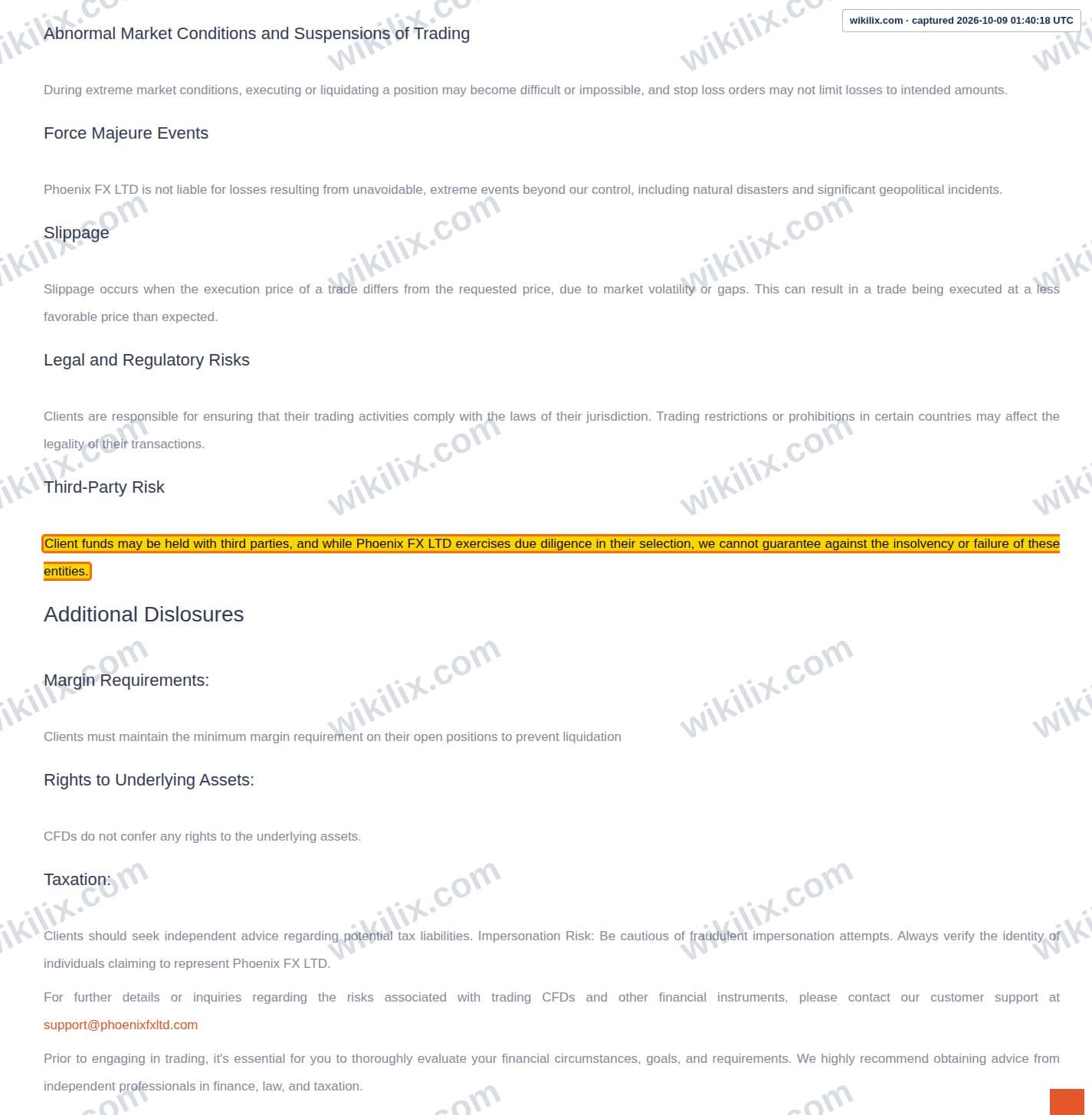 Our full page screenshot of the page this clause sits on, on Phoenix FX's site web.archive.org, taken on Oct 9, 2026. The quoted words are marked in the image.