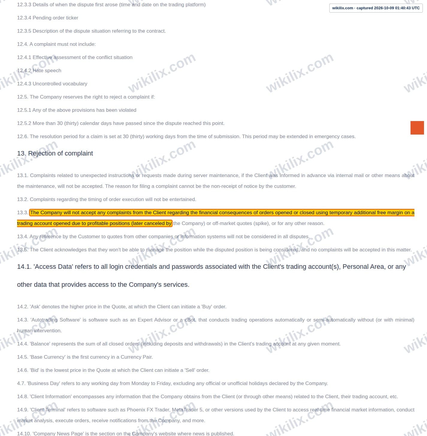Our full page screenshot of the page this clause sits on, on Phoenix FX's site web.archive.org, taken on Oct 9, 2026. The quoted words are marked in the image.