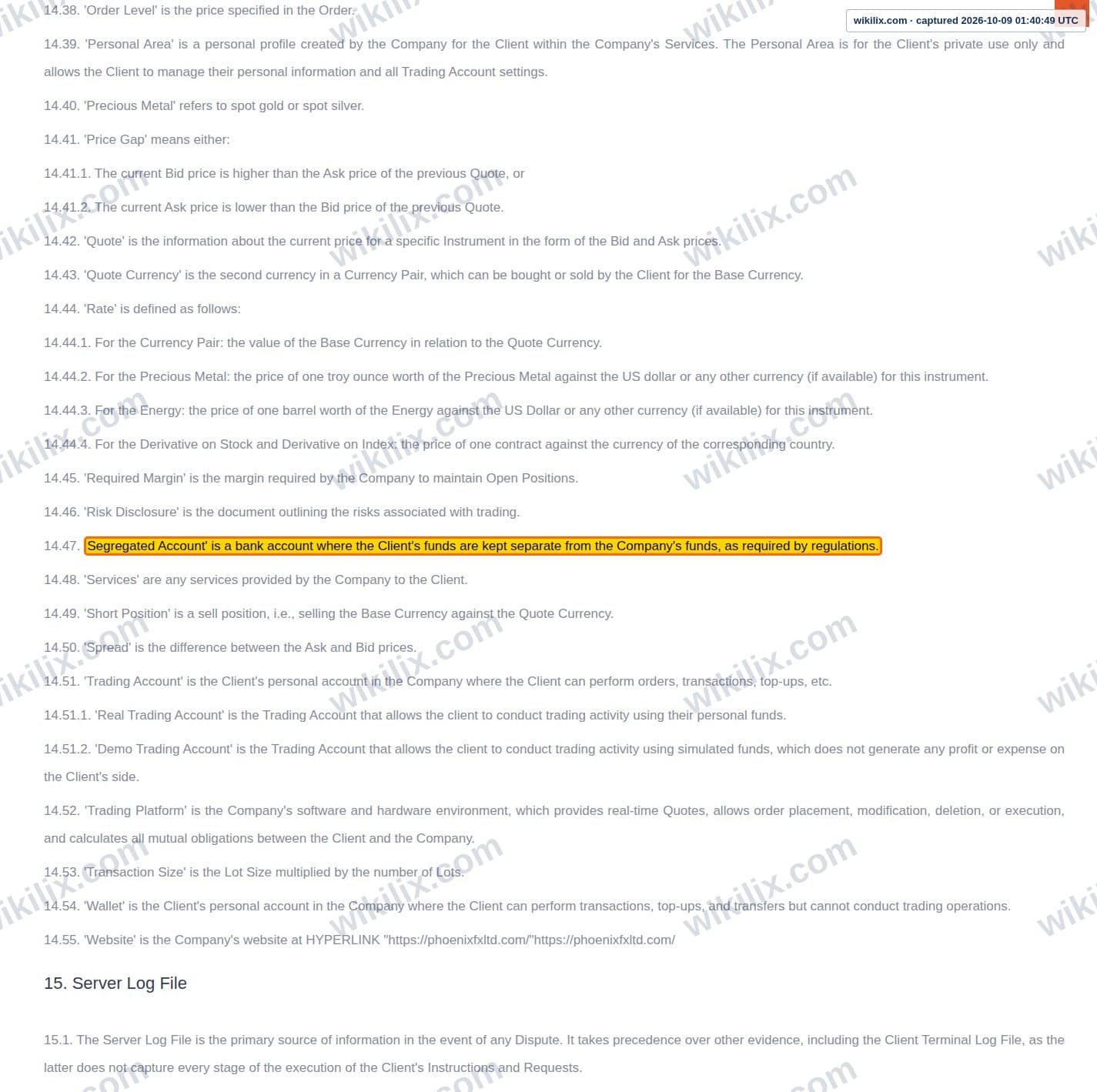 Our full page screenshot of the page this clause sits on, on Phoenix FX's site web.archive.org, taken on Oct 9, 2026. The quoted words are marked in the image.