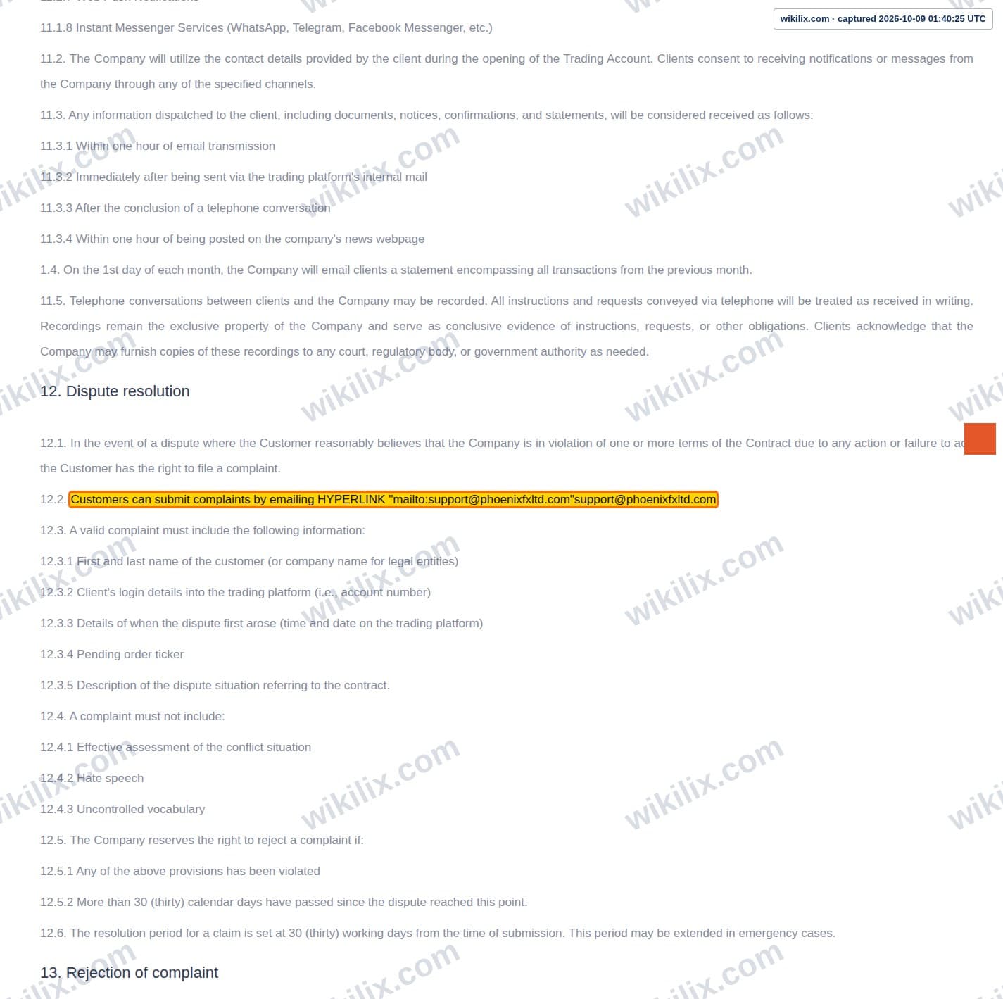 Our full page screenshot of the page this clause sits on, on Phoenix FX's site web.archive.org, taken on Oct 9, 2026. The quoted words are marked in the image.