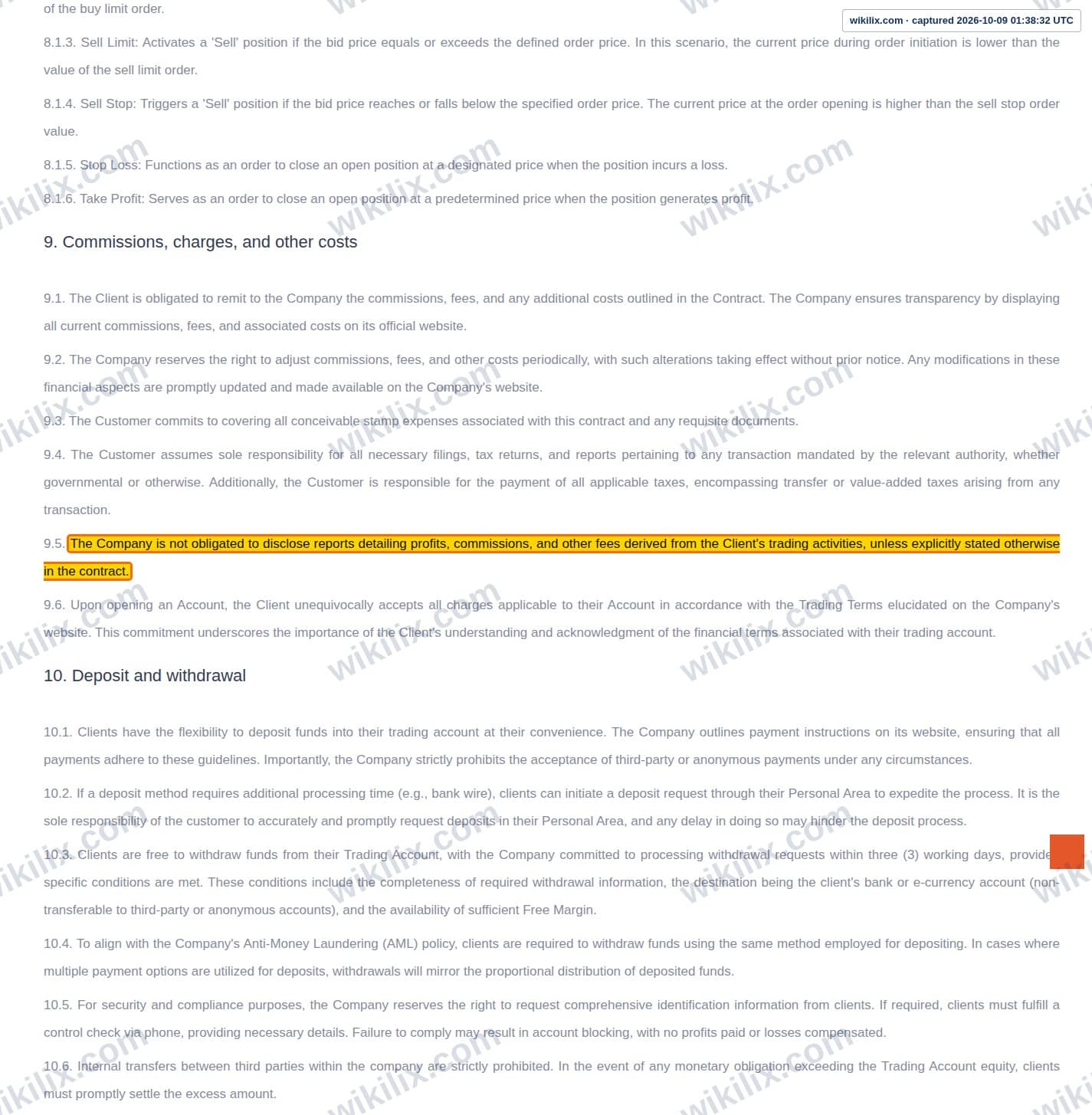 Our full page screenshot of the page this clause sits on, on Phoenix FX's site web.archive.org, taken on Oct 9, 2026. The quoted words are marked in the image.