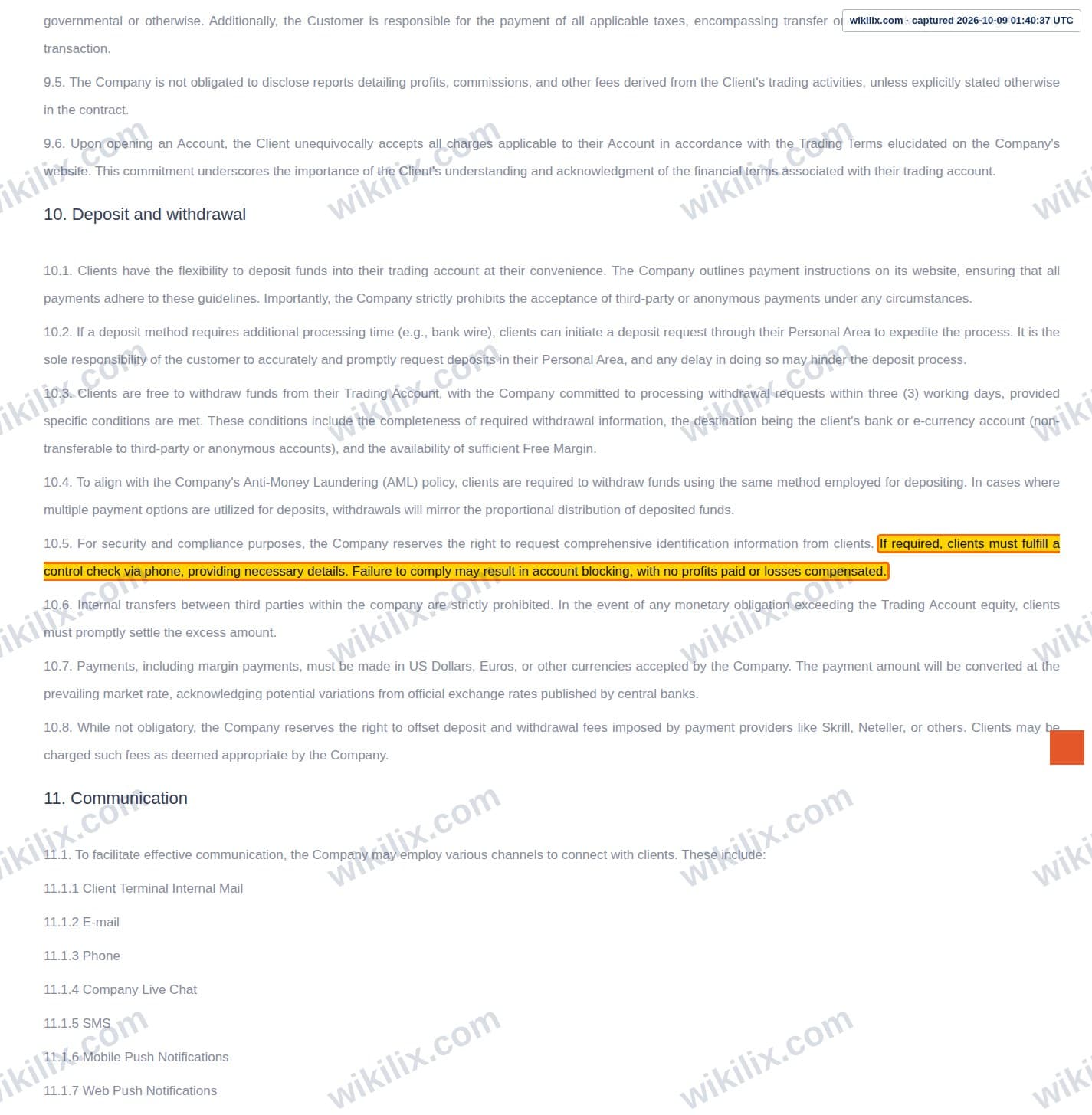 Our full page screenshot of the page this clause sits on, on Phoenix FX's site web.archive.org, taken on Oct 9, 2026. The quoted words are marked in the image.