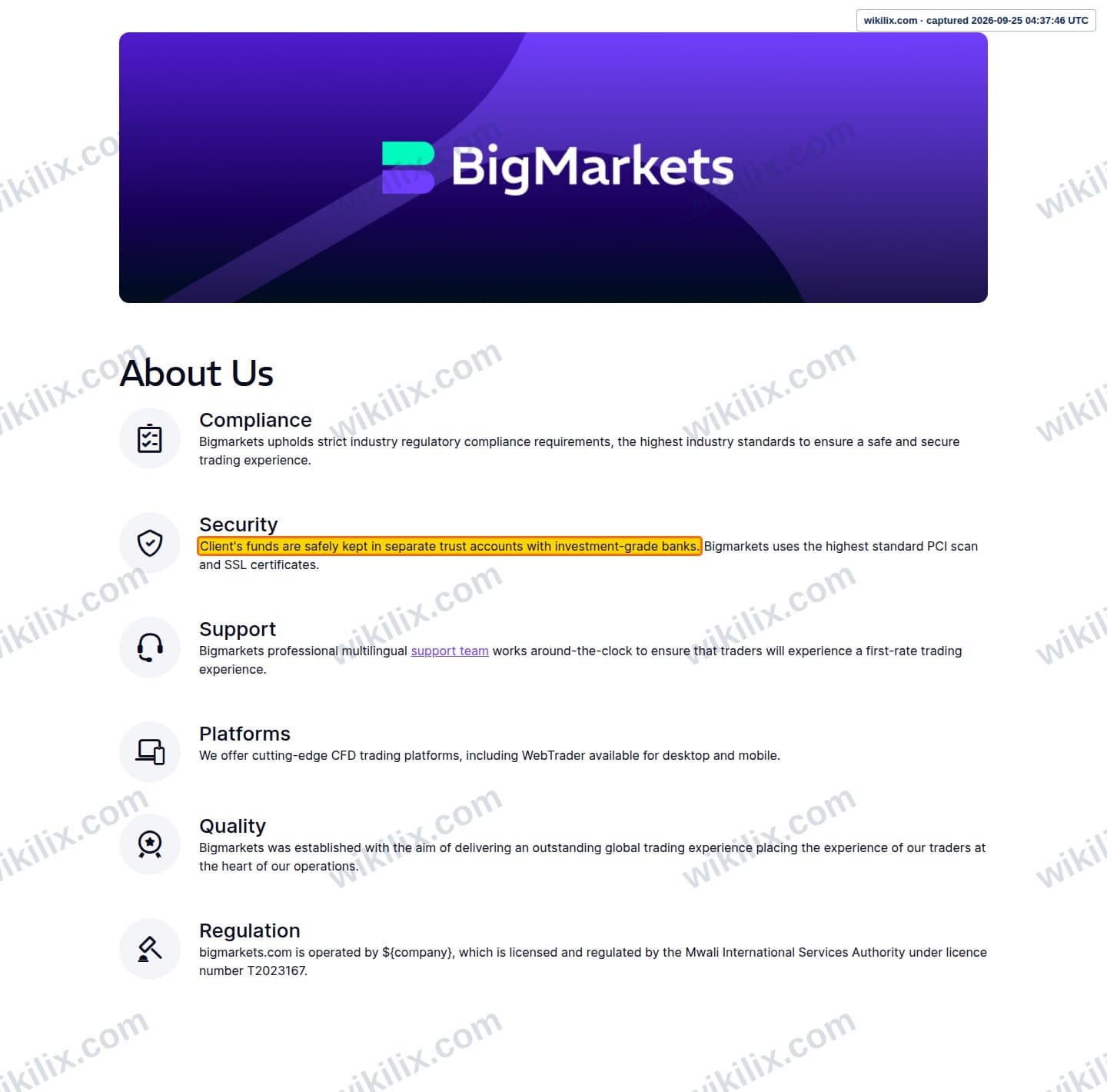 Our full page screenshot of the page that makes this promise, on BigMarkets's site bigmarkets.com, taken on Sep 25, 2026. The quoted words are marked in the image.