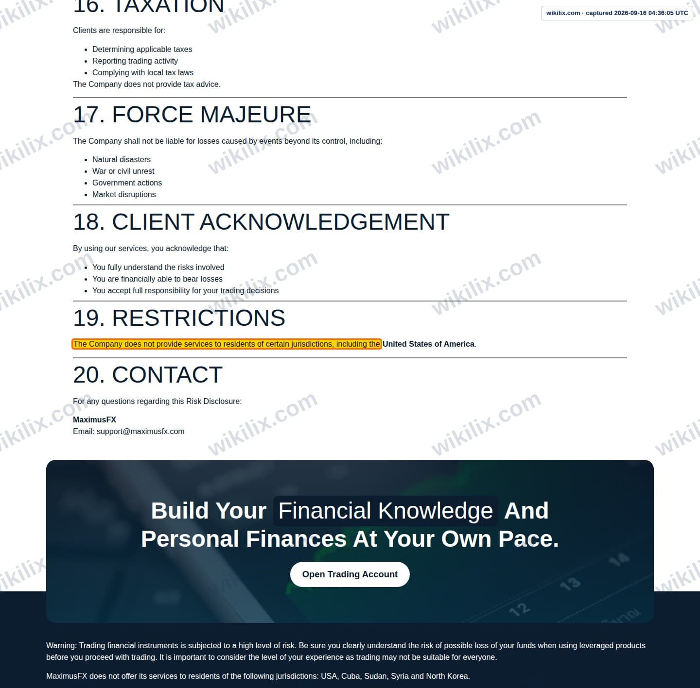 Our full page screenshot of the page this clause sits on, on MaximusFX's site maximusfx.com, taken on Sep 16, 2026. The quoted words are marked in the image.
