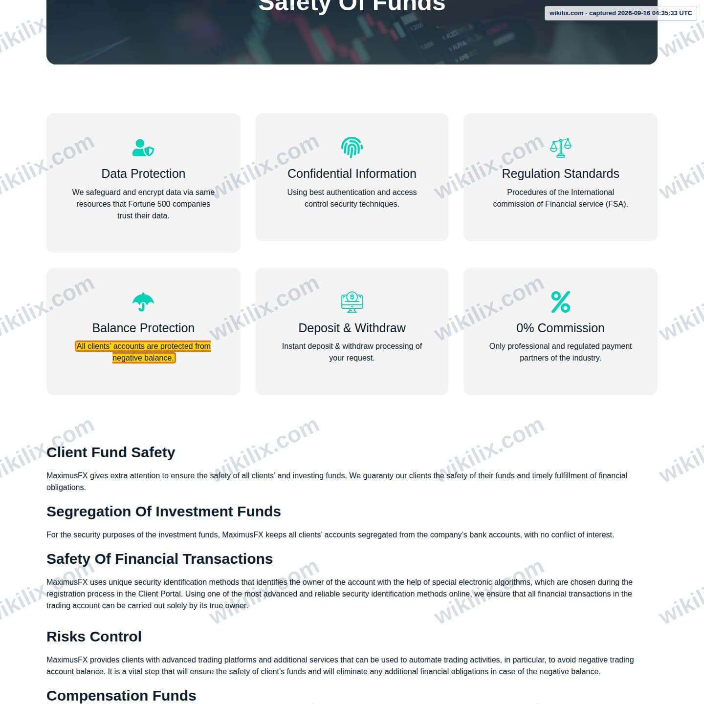 Our full page screenshot of the page that makes this promise, on MaximusFX's site maximusfx.com, taken on Sep 16, 2026. The quoted words are marked in the image.