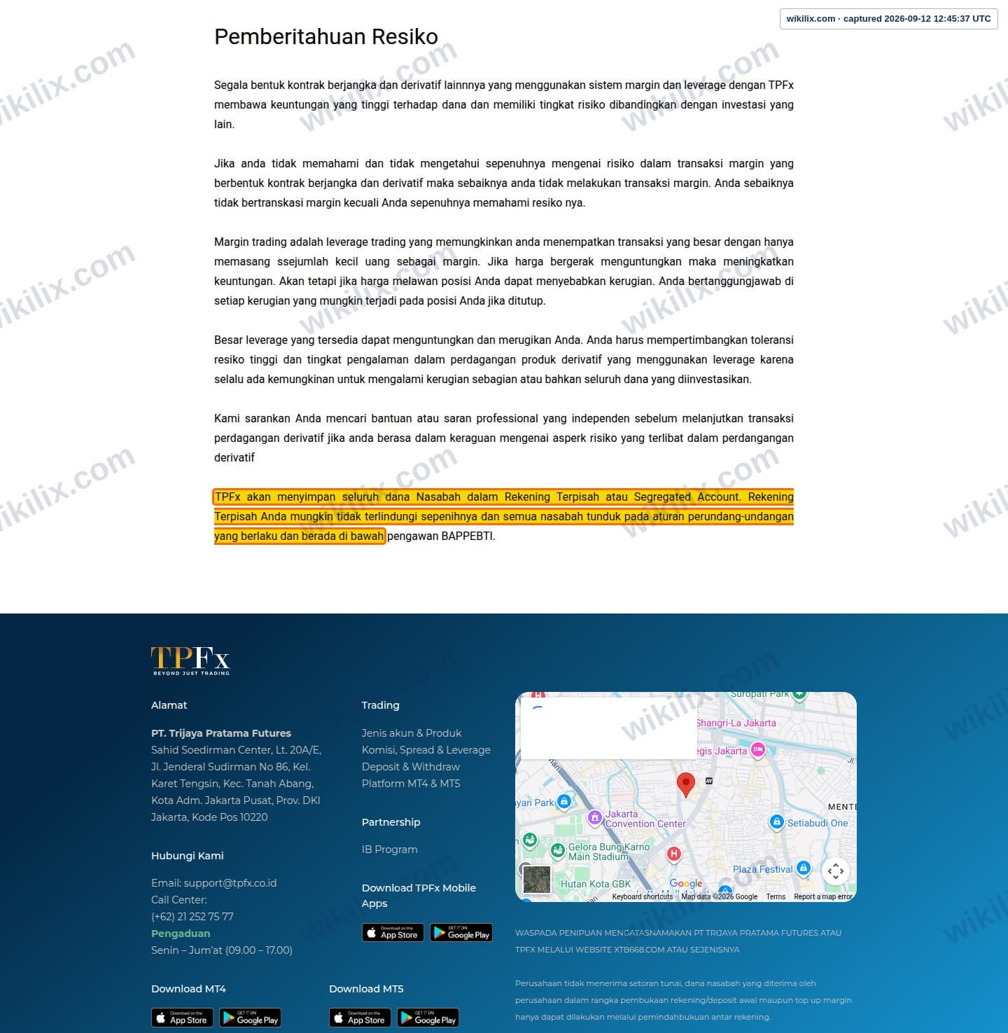 Our full page screenshot of the page this clause sits on, on TPFx's site tpfx.co.id, taken on Sep 12, 2026. The quoted words are marked in the image.