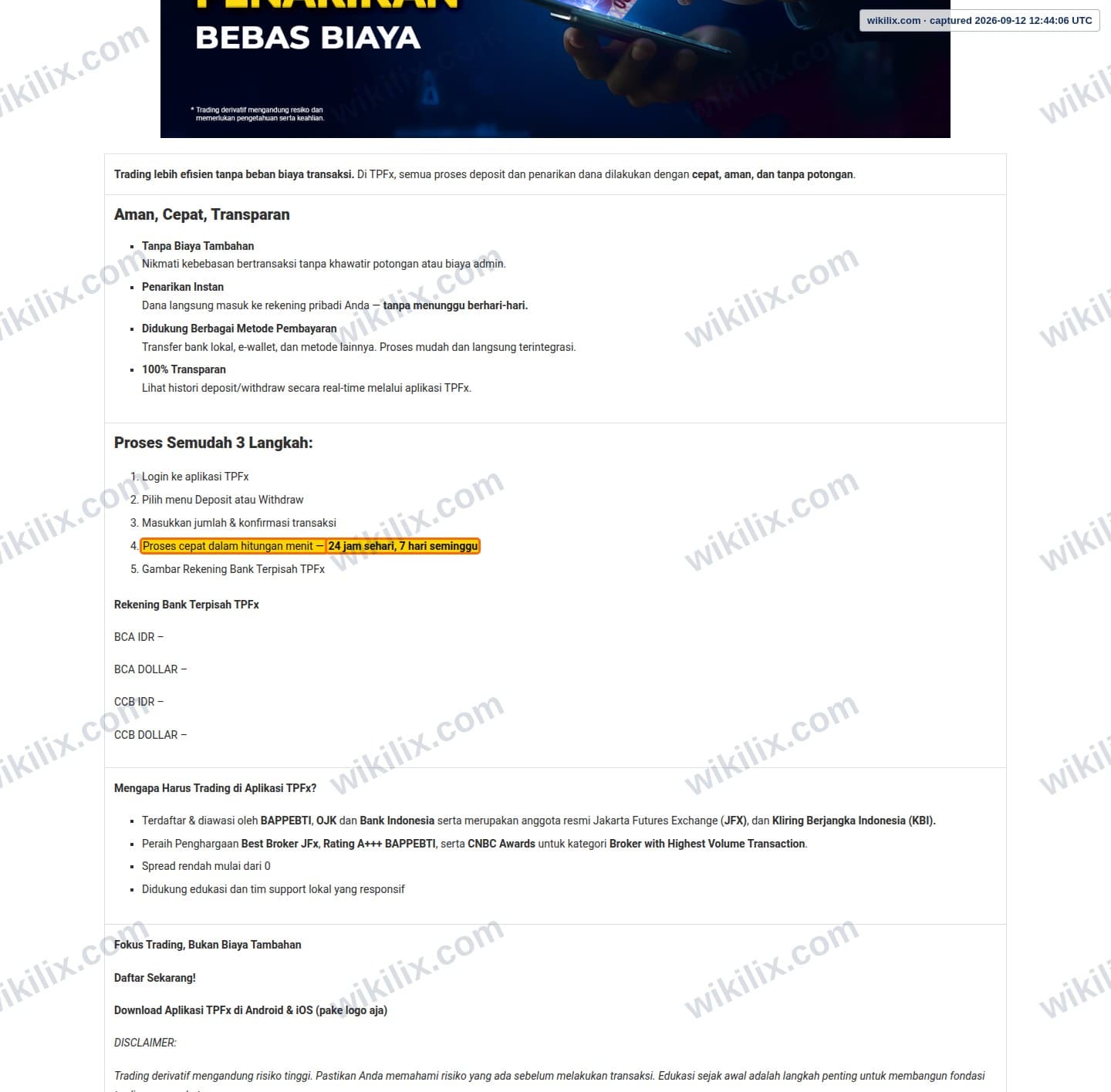 Our full page screenshot of the page that makes this promise, on TPFx's site tpfx.co.id, taken on Sep 12, 2026. The quoted words are marked in the image.