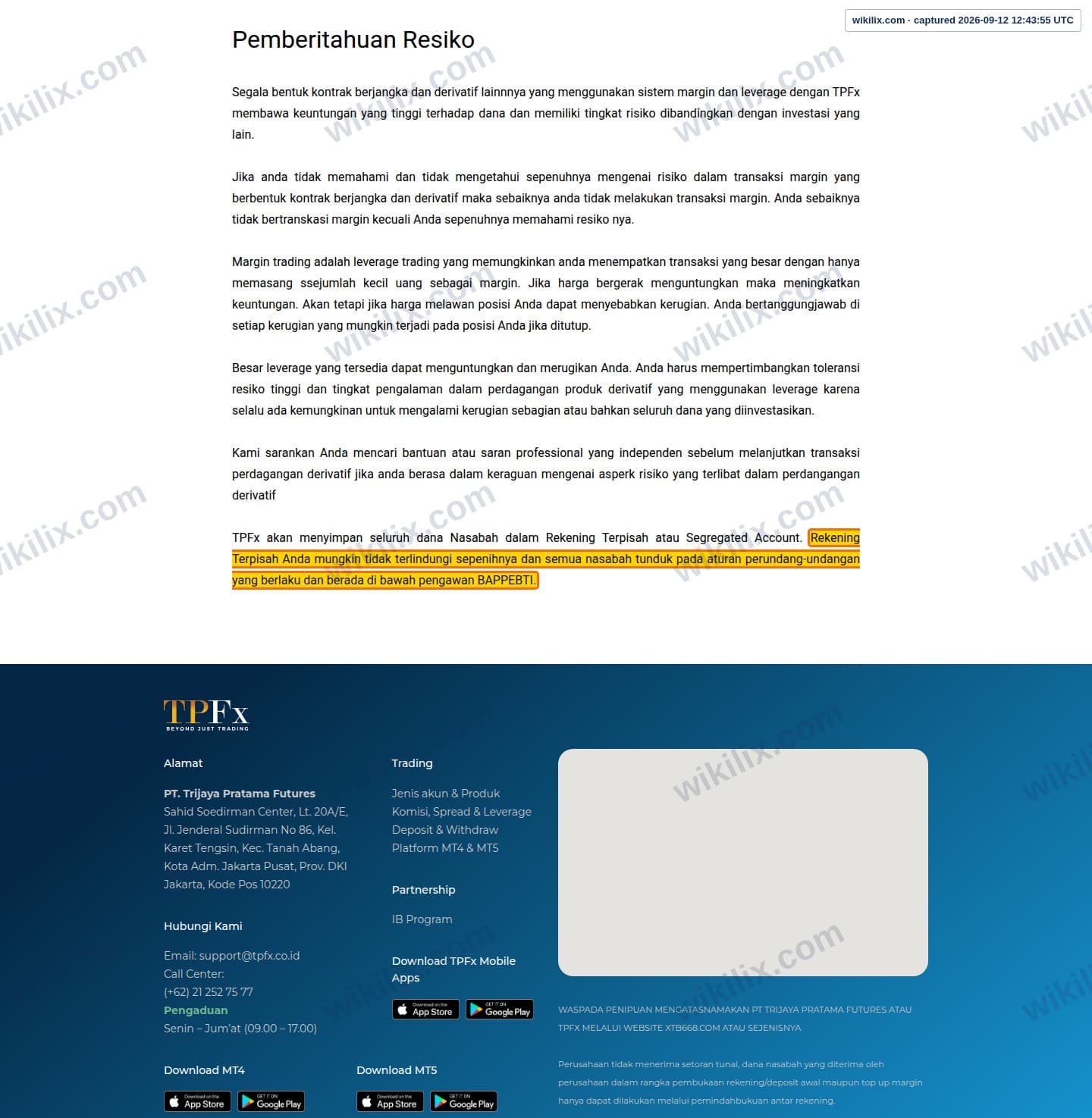 Our full page screenshot of the page this clause sits on, on TPFx's site tpfx.co.id, taken on Sep 12, 2026. The quoted words are marked in the image.