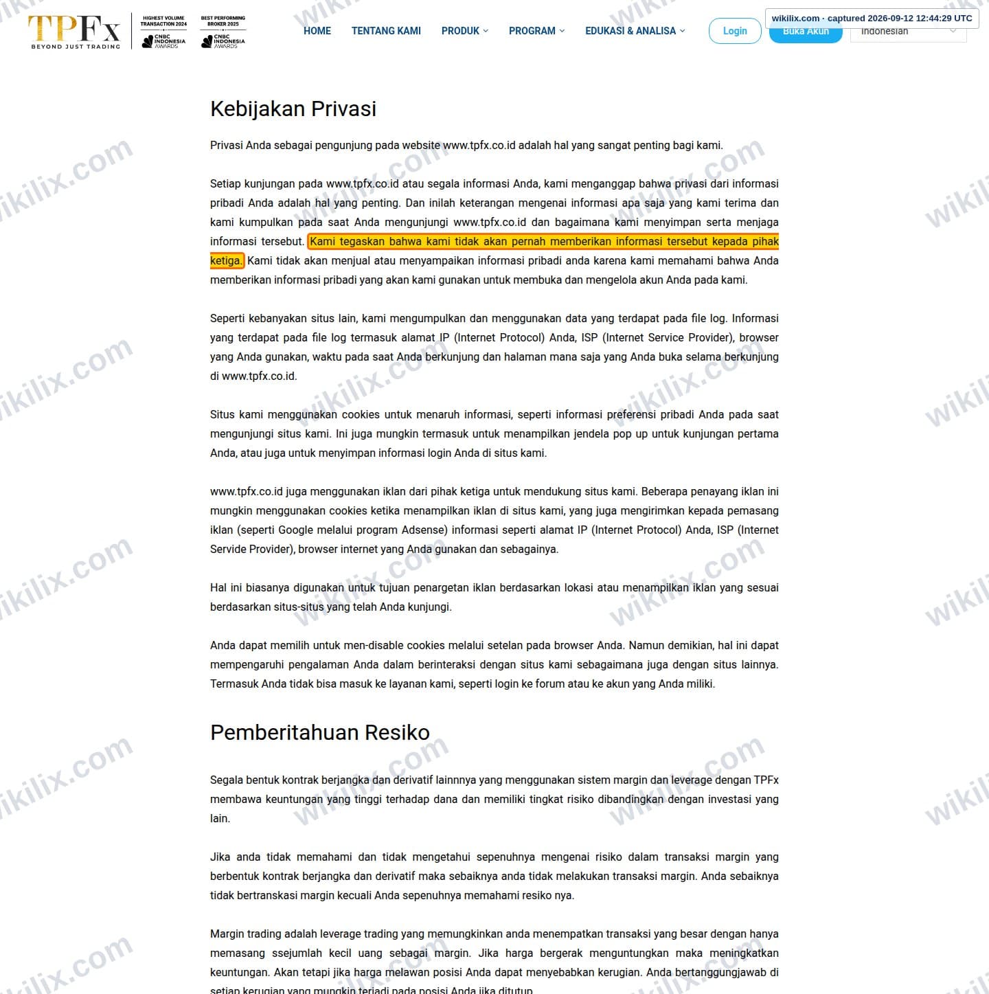 Our full page screenshot of the page that makes this promise, on TPFx's site tpfx.co.id, taken on Sep 12, 2026. The quoted words are marked in the image.