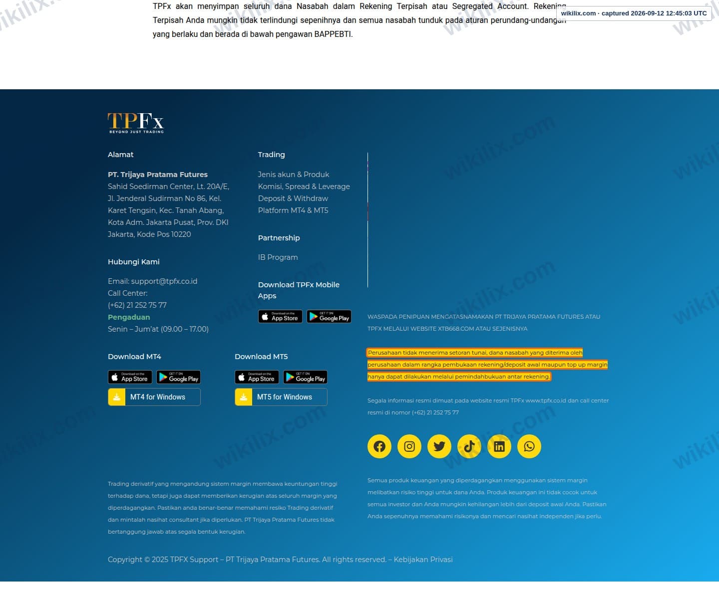 Our full page screenshot of the page this clause sits on, on TPFx's site tpfx.co.id, taken on Sep 12, 2026. The quoted words are marked in the image.