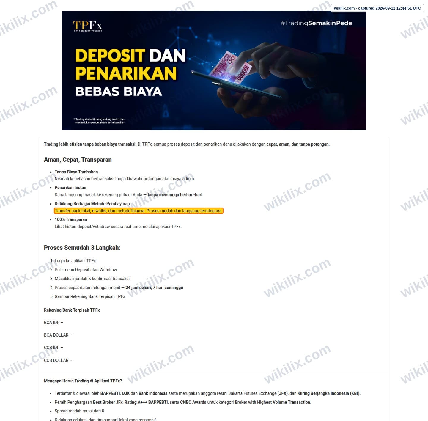Our full page screenshot of the page that makes this promise, on TPFx's site tpfx.co.id, taken on Sep 12, 2026. The quoted words are marked in the image.