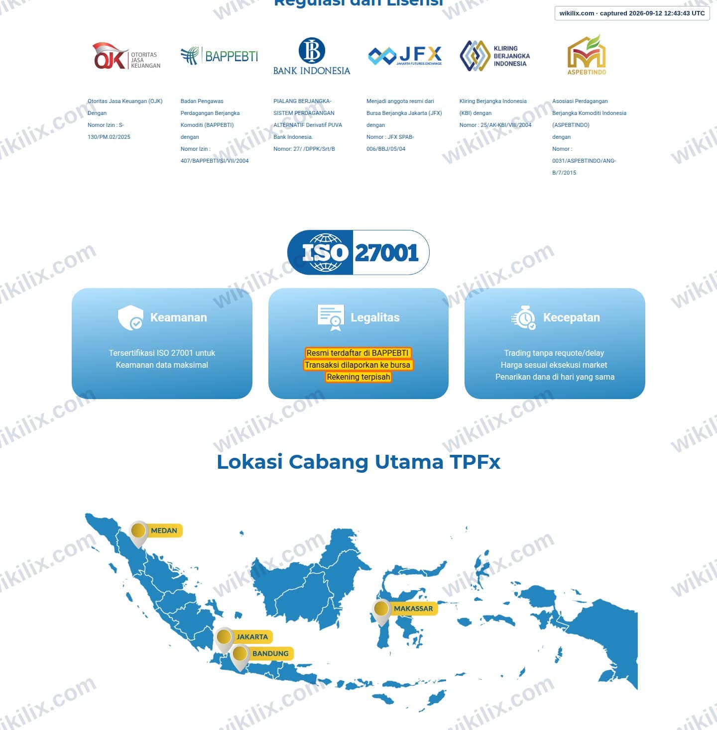 Our full page screenshot of the page that makes this promise, on TPFx's site tpfx.co.id, taken on Sep 12, 2026. The quoted words are marked in the image.