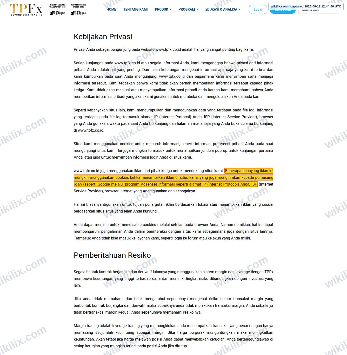 Our full page screenshot of the page this clause sits on, on TPFx's site tpfx.co.id, taken on Sep 12, 2026. The quoted words are marked in the image.