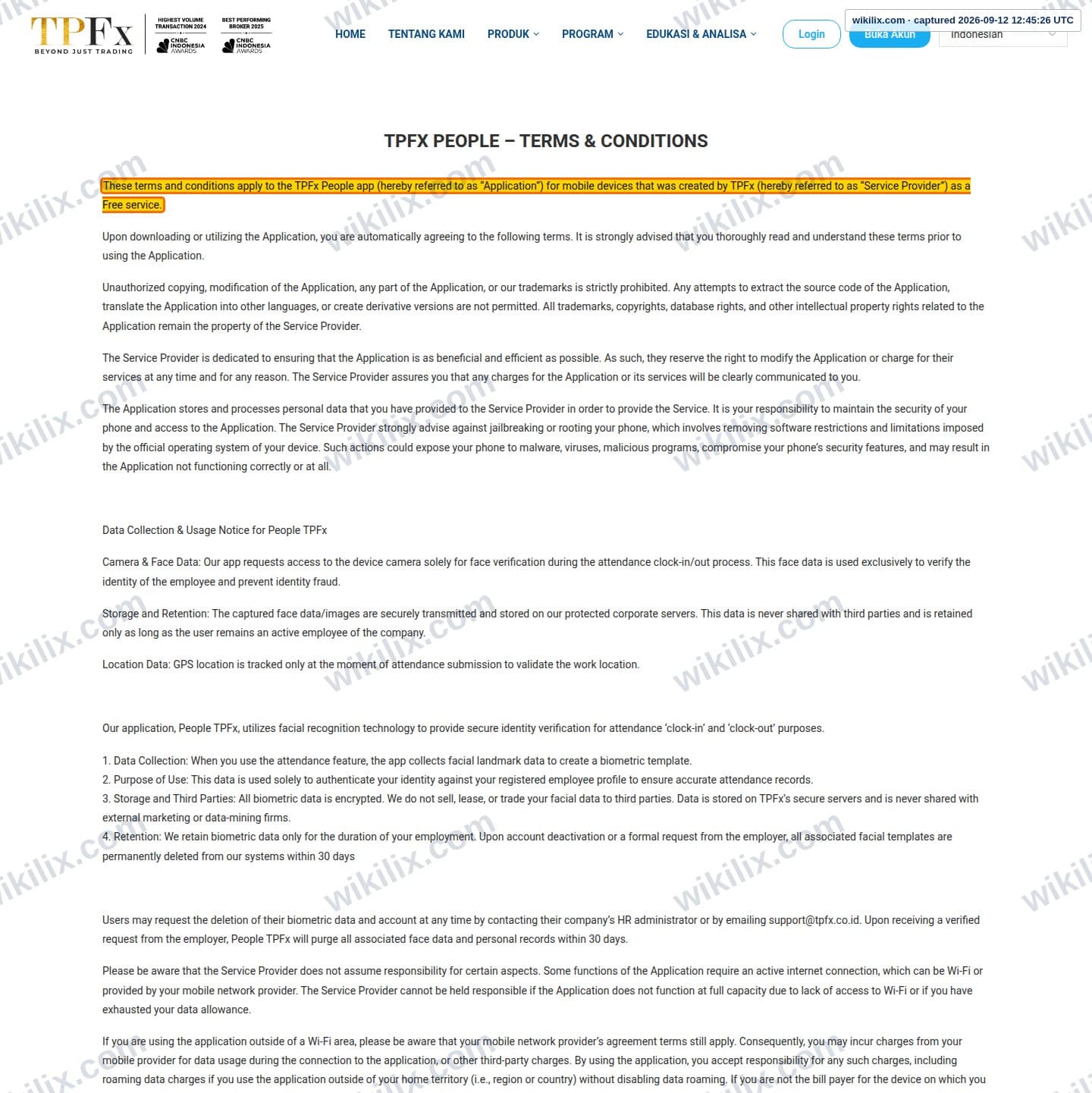 Our full page screenshot of the page this clause sits on, on TPFx's site tpfx.co.id, taken on Sep 12, 2026. The quoted words are marked in the image.