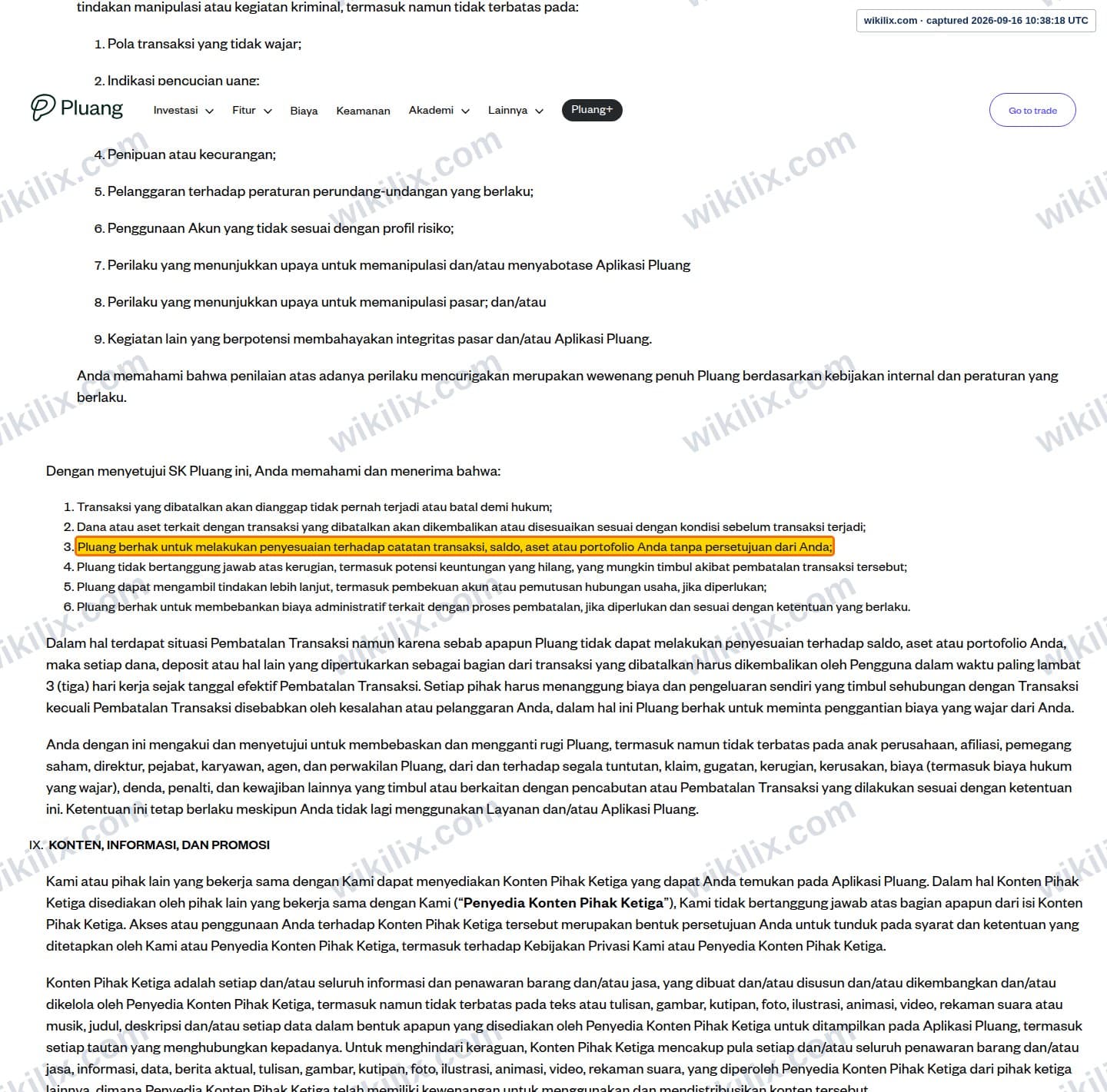 Our full page screenshot of the page this clause sits on, on Pluang's site pluang.com, taken on Sep 16, 2026. The quoted words are marked in the image.