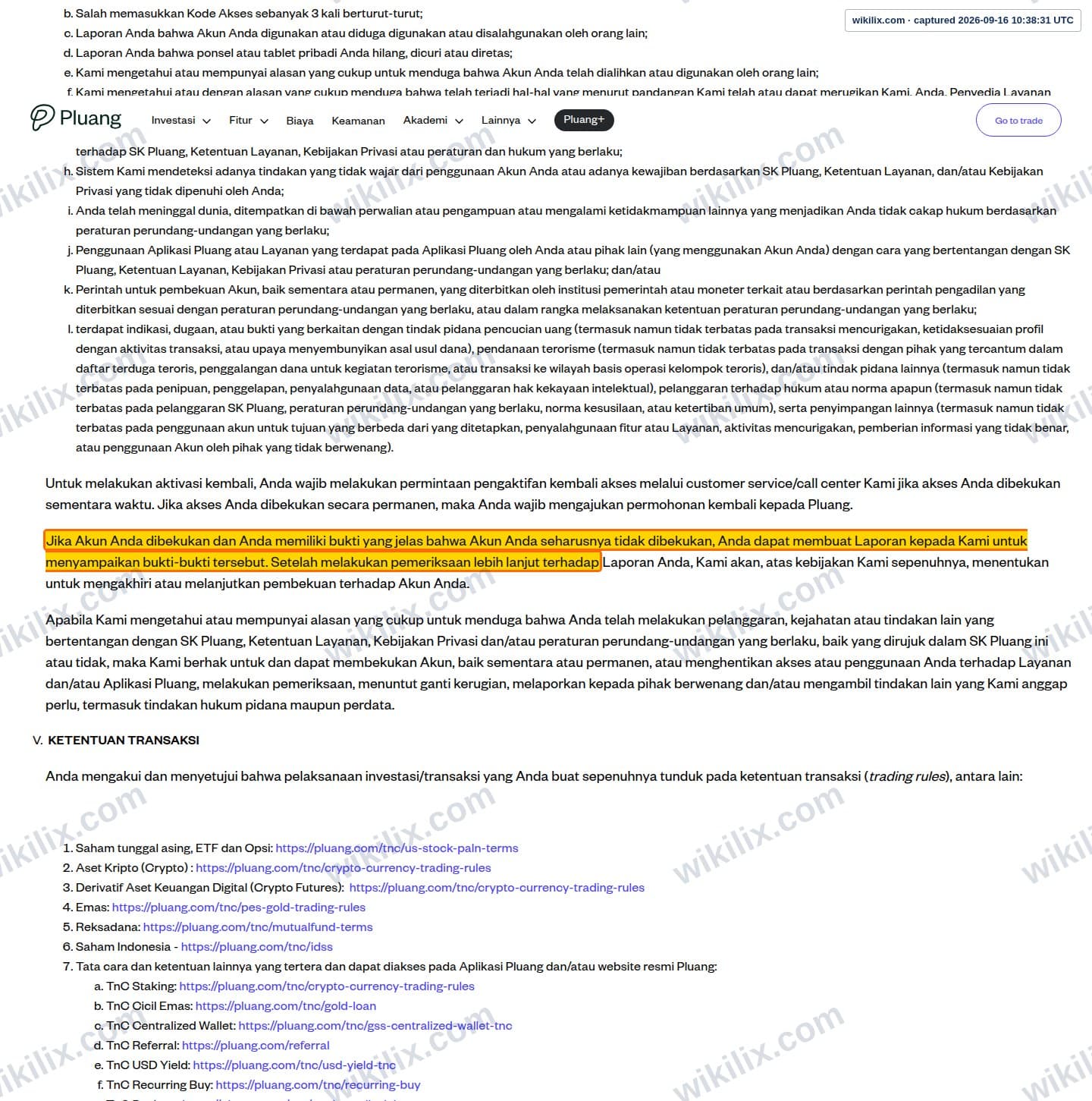 Our full page screenshot of the page this clause sits on, on Pluang's site pluang.com, taken on Sep 16, 2026. The quoted words are marked in the image.