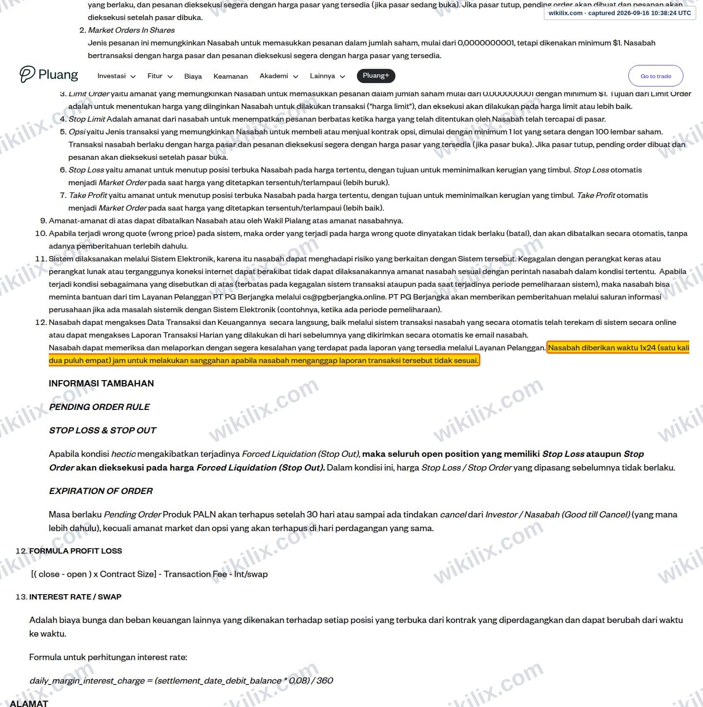 Our full page screenshot of the page this clause sits on, on Pluang's site pluang.com, taken on Sep 16, 2026. The quoted words are marked in the image.